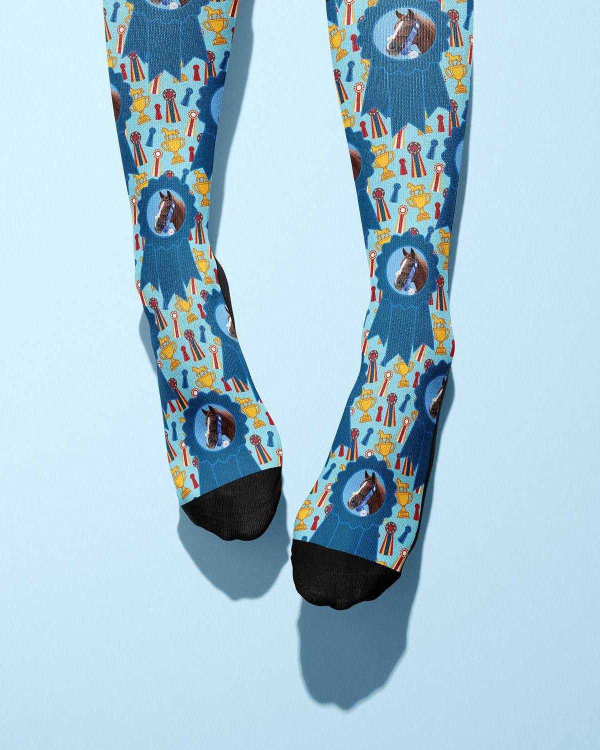 Custom blue ribbon winner boot socks with personalized photo and pattern options