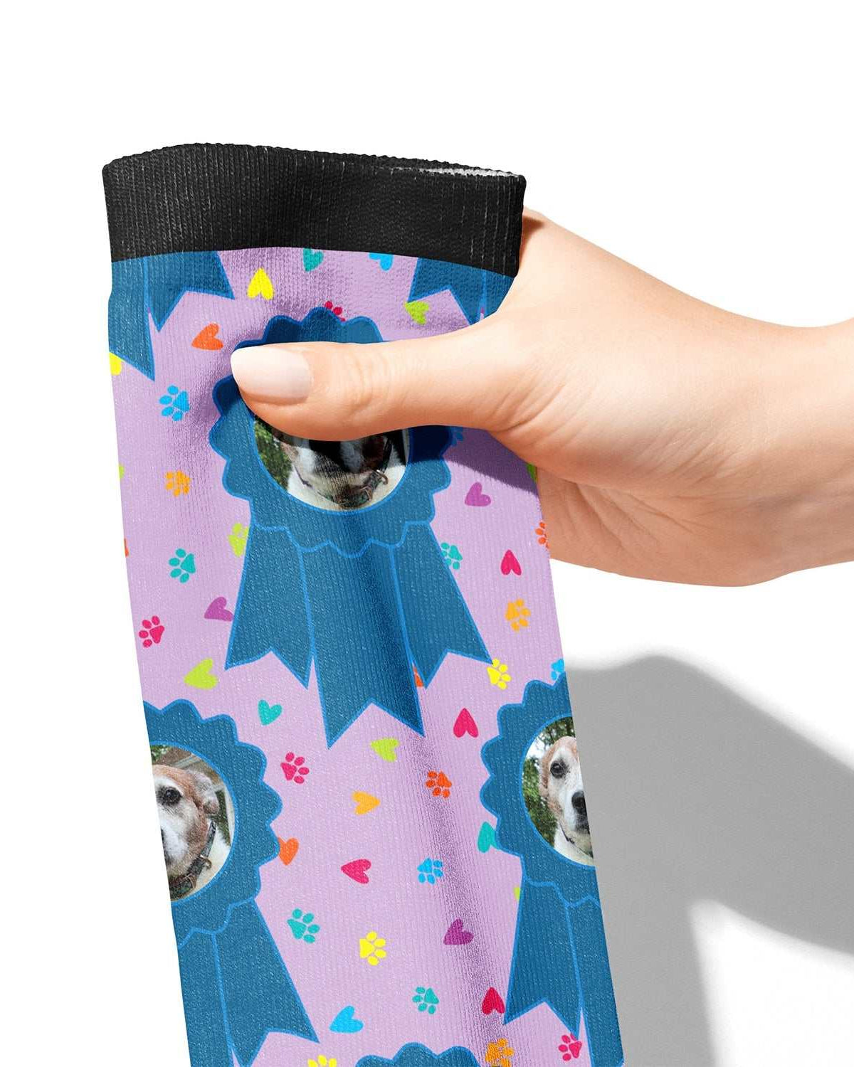 Custom blue ribbon and paw print boot socks with personalized photo on Dreamers & Schemers fabric