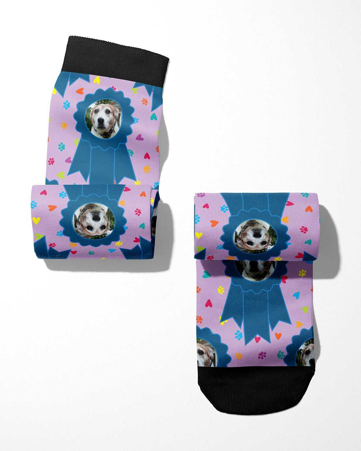 Custom boot socks with blue ribbon and paw print design, personalized with your favorite photo