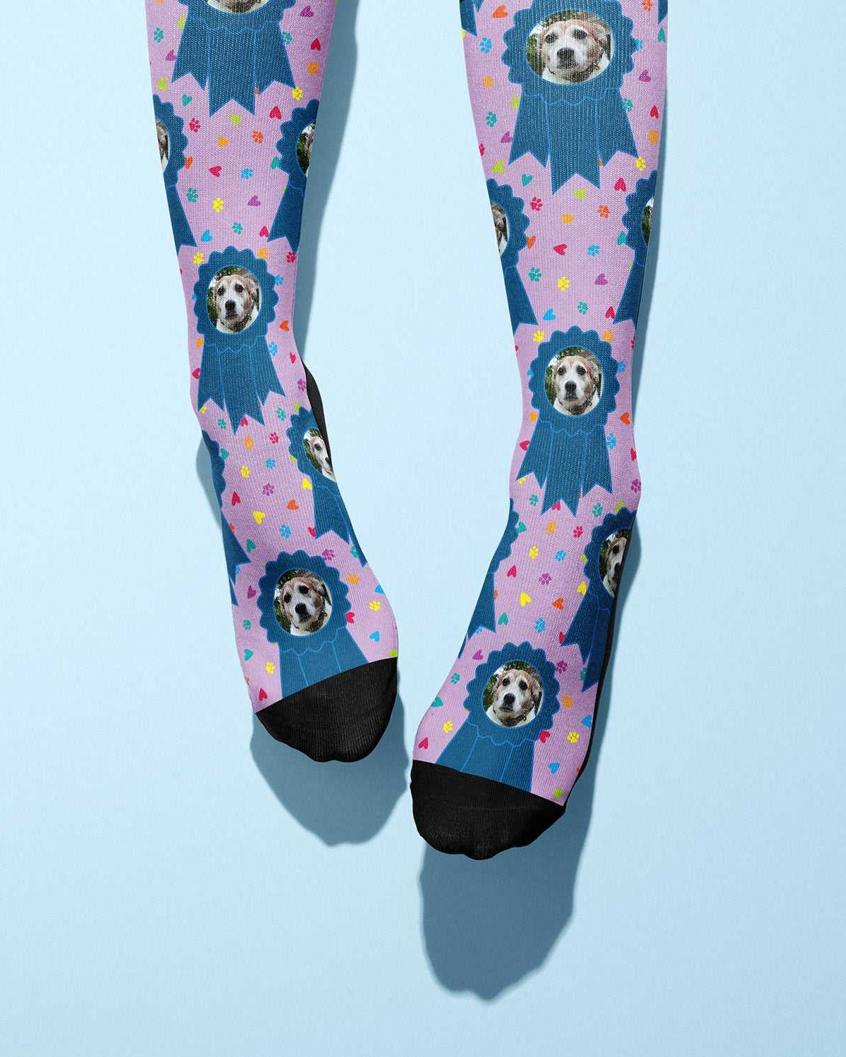 Custom blue ribbon and paw print boot socks with personalized photo design