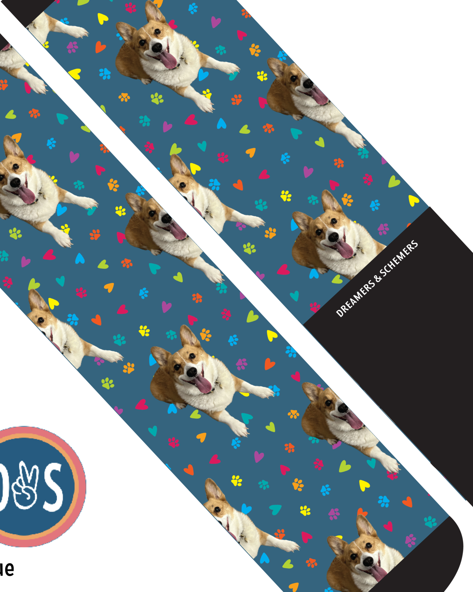 Blue custom boot socks featuring a repeating pattern of a happy dog with colorful paw prints and hearts