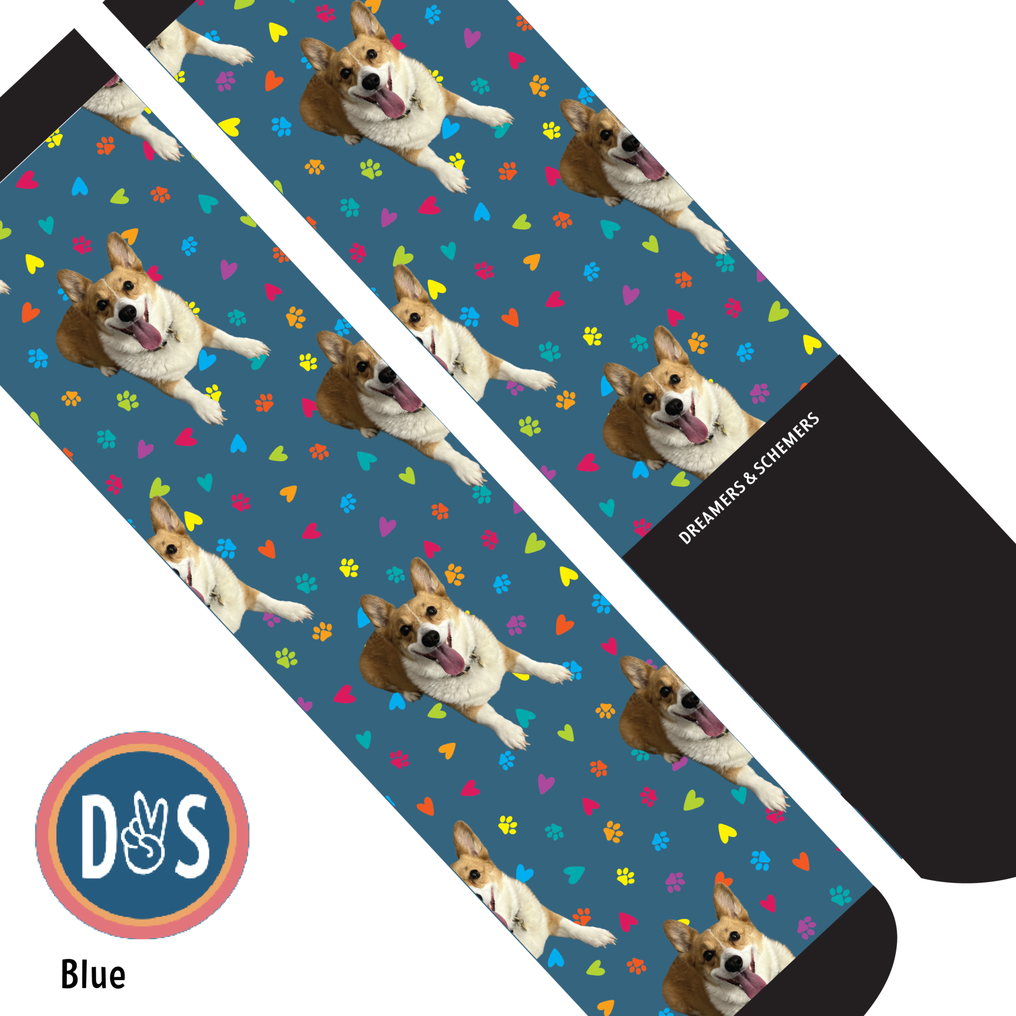 Blue custom boot socks featuring a repeating pattern of a happy dog with colorful paw prints and hearts