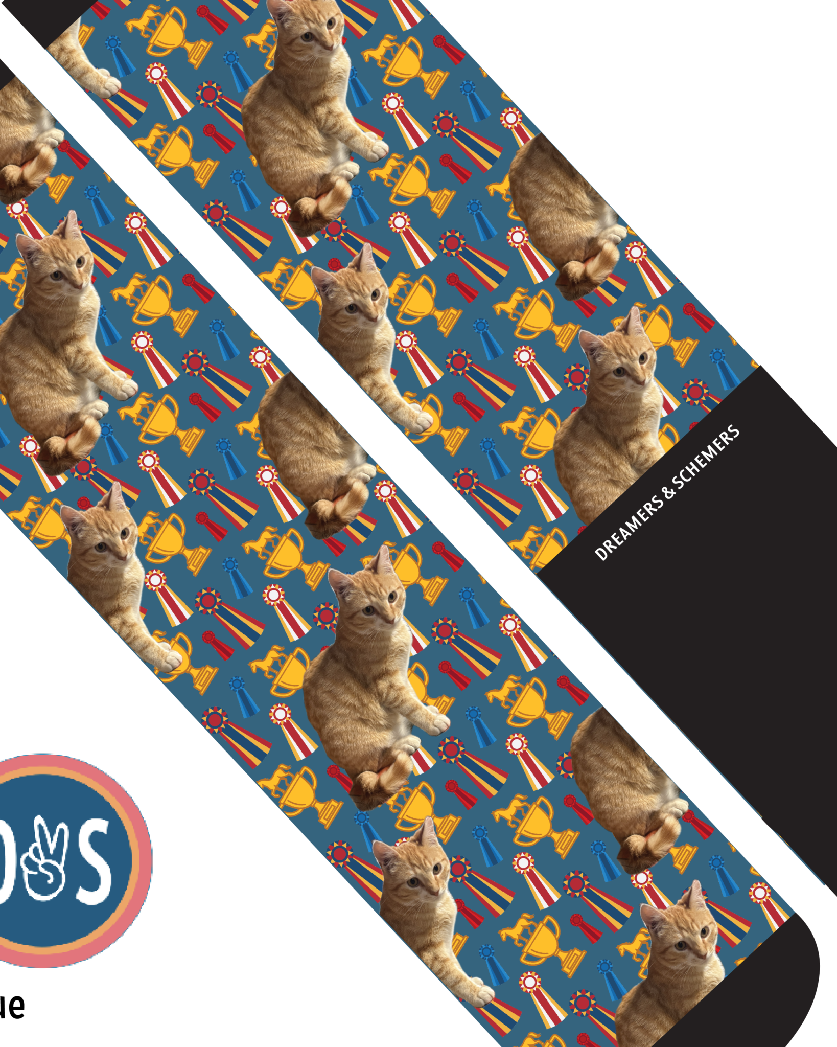 Custom blue boot socks with cat and trophy pattern by Dreamers & Schemers