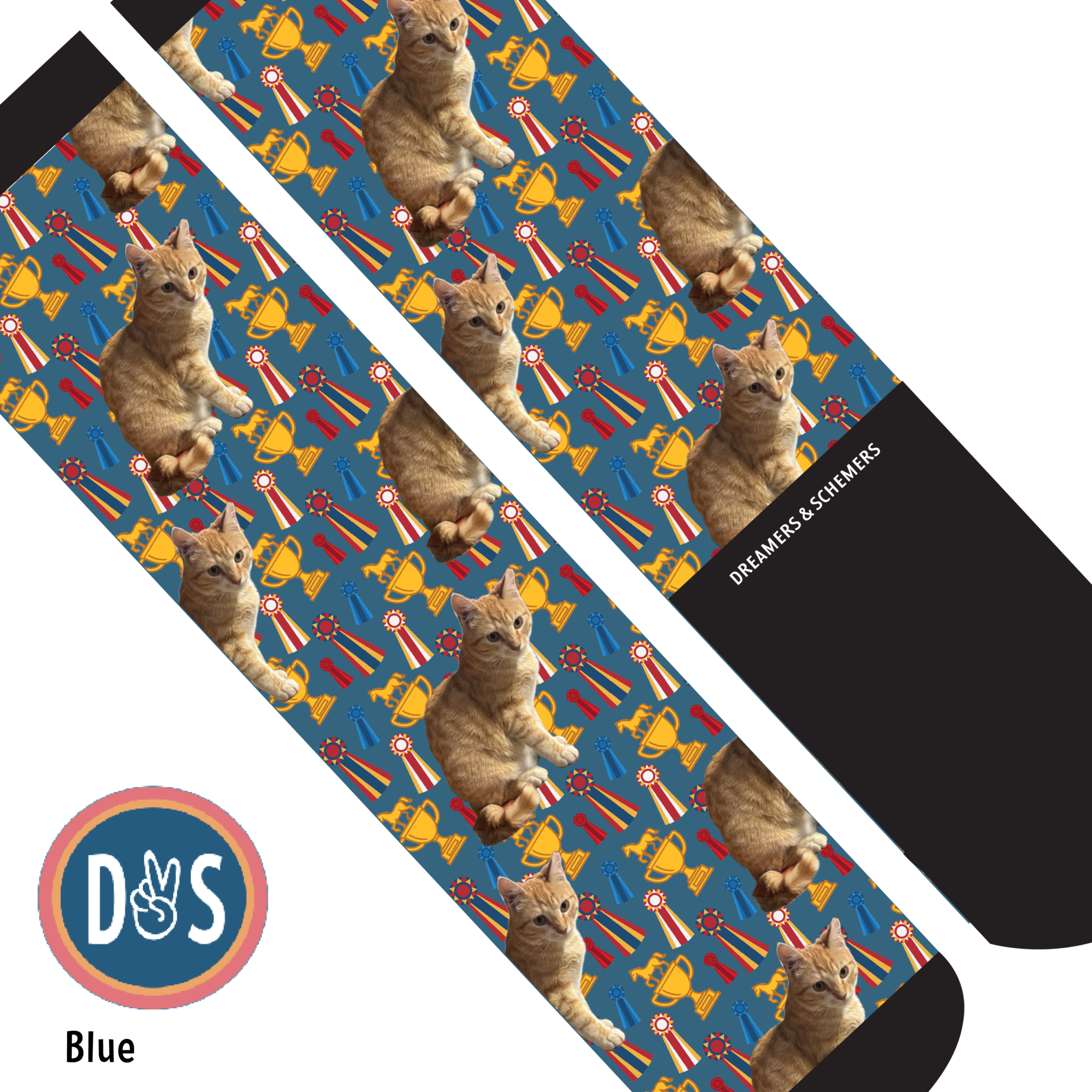Custom blue boot socks with cat and trophy pattern by Dreamers & Schemers