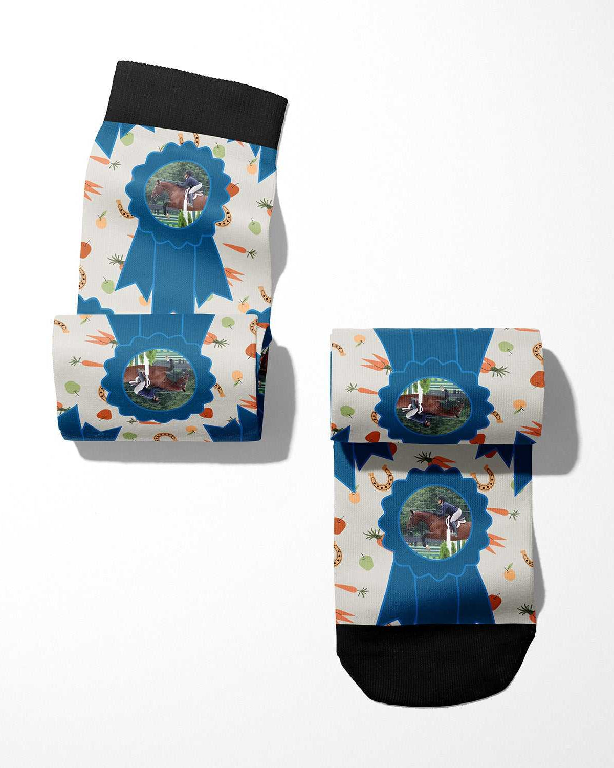 Custom socks with blue ribbon and stable snackies design on Dreamers & Schemers Boot Socks