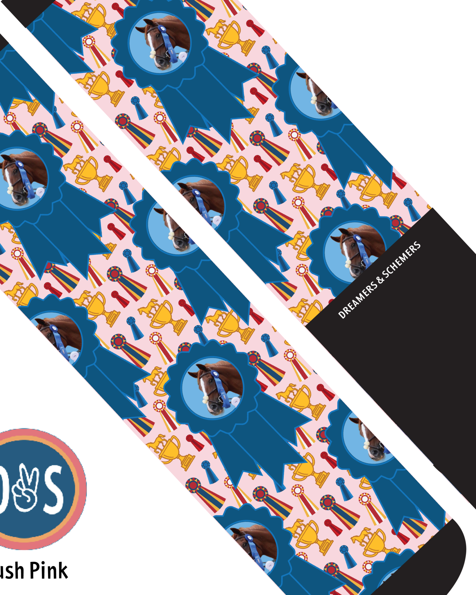 Custom blue ribbon winner boot socks with personalized photo and unique patterns