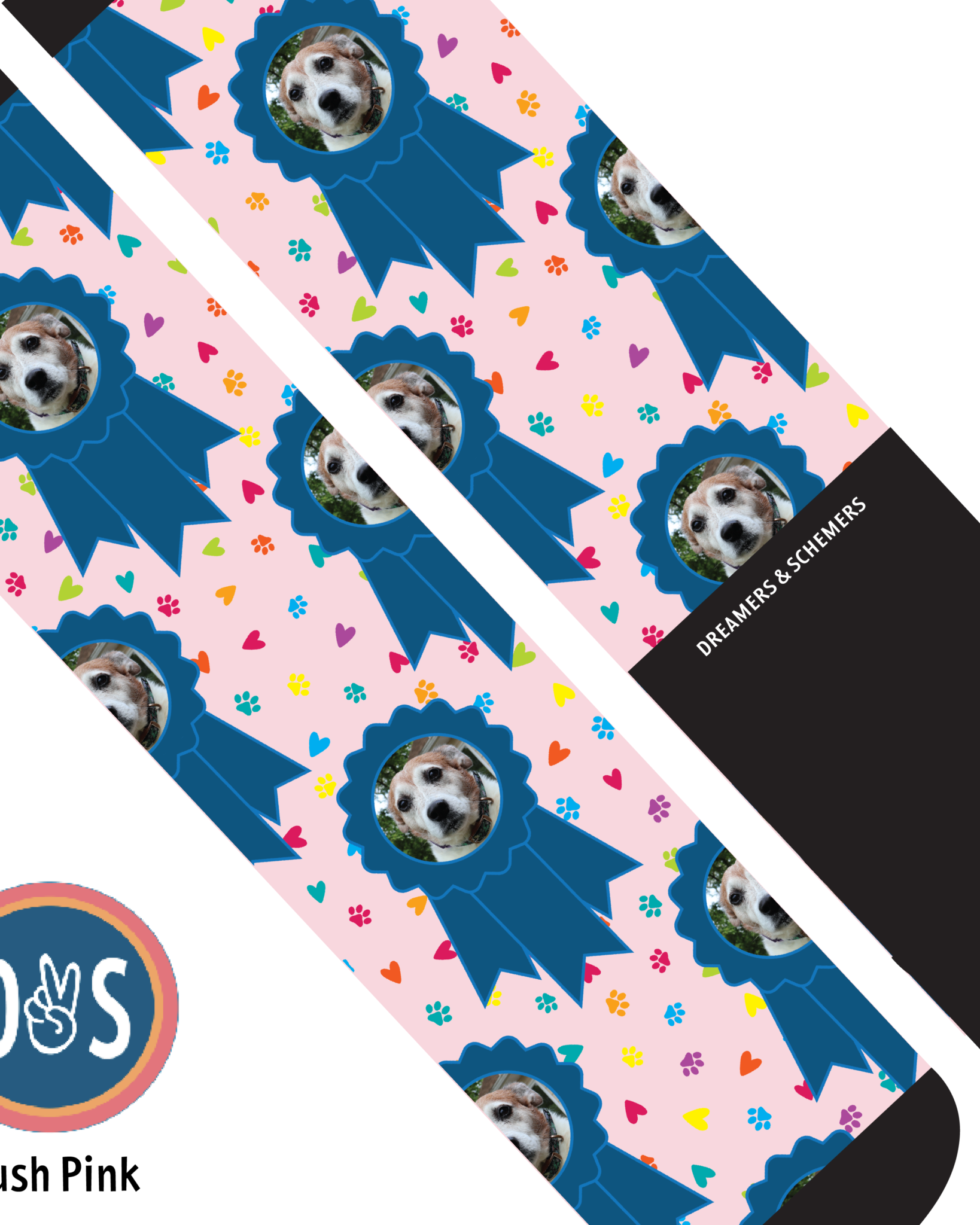 Custom blue ribbon and paw print boot socks with personalized photo design