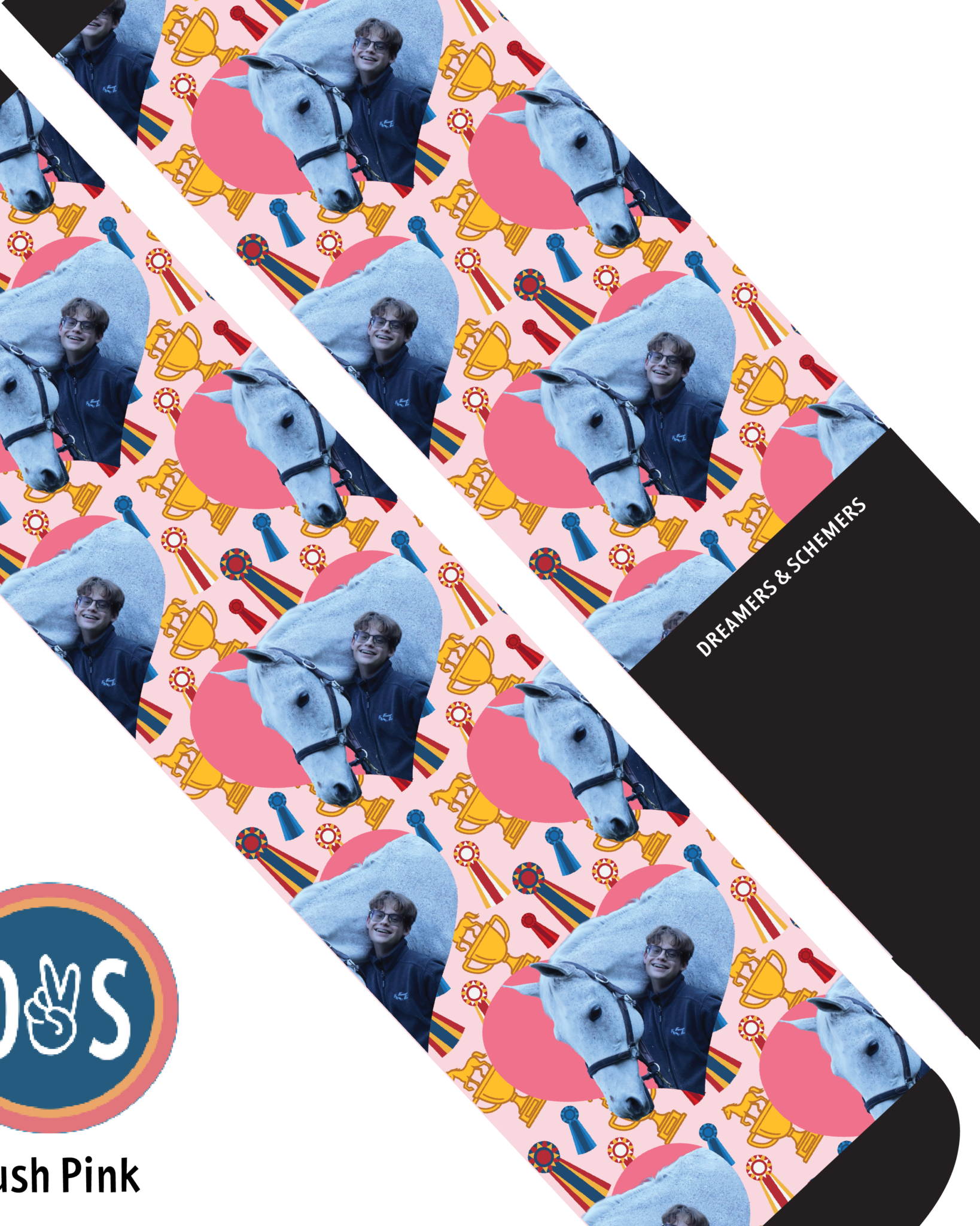 Custom socks with personalized heart and winner winner designs on Dreamers & Schemers Boot Socks