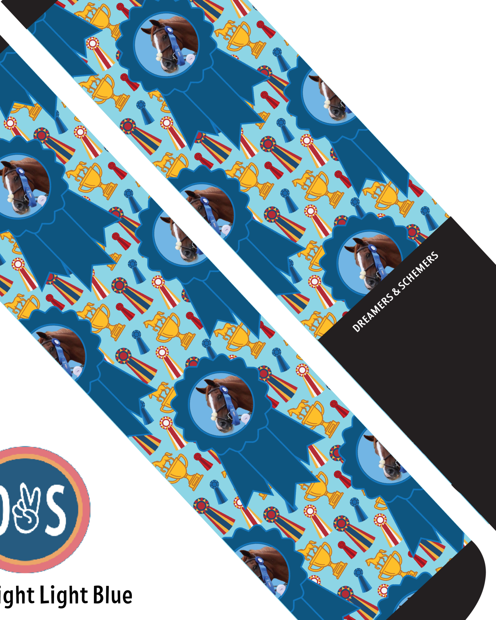 Custom blue ribbon and winner themed Dreamers & Schemers boot socks with personalized photo design