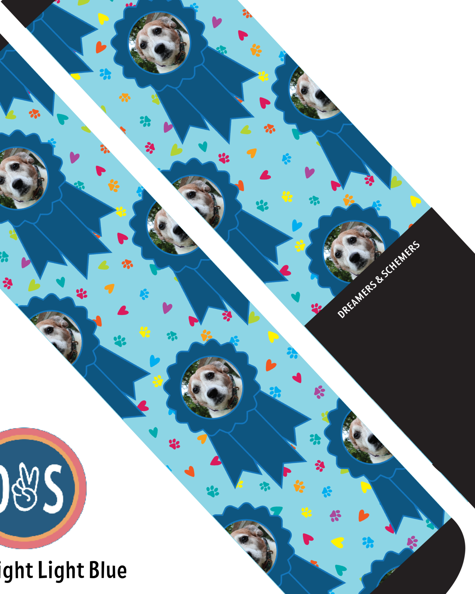 Custom blue ribbon boot socks with personalized animal photo design