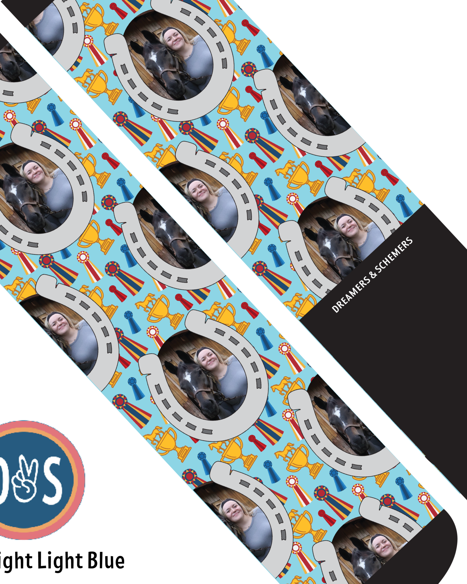 Custom boot socks featuring personalized horseshoes and winner winner design