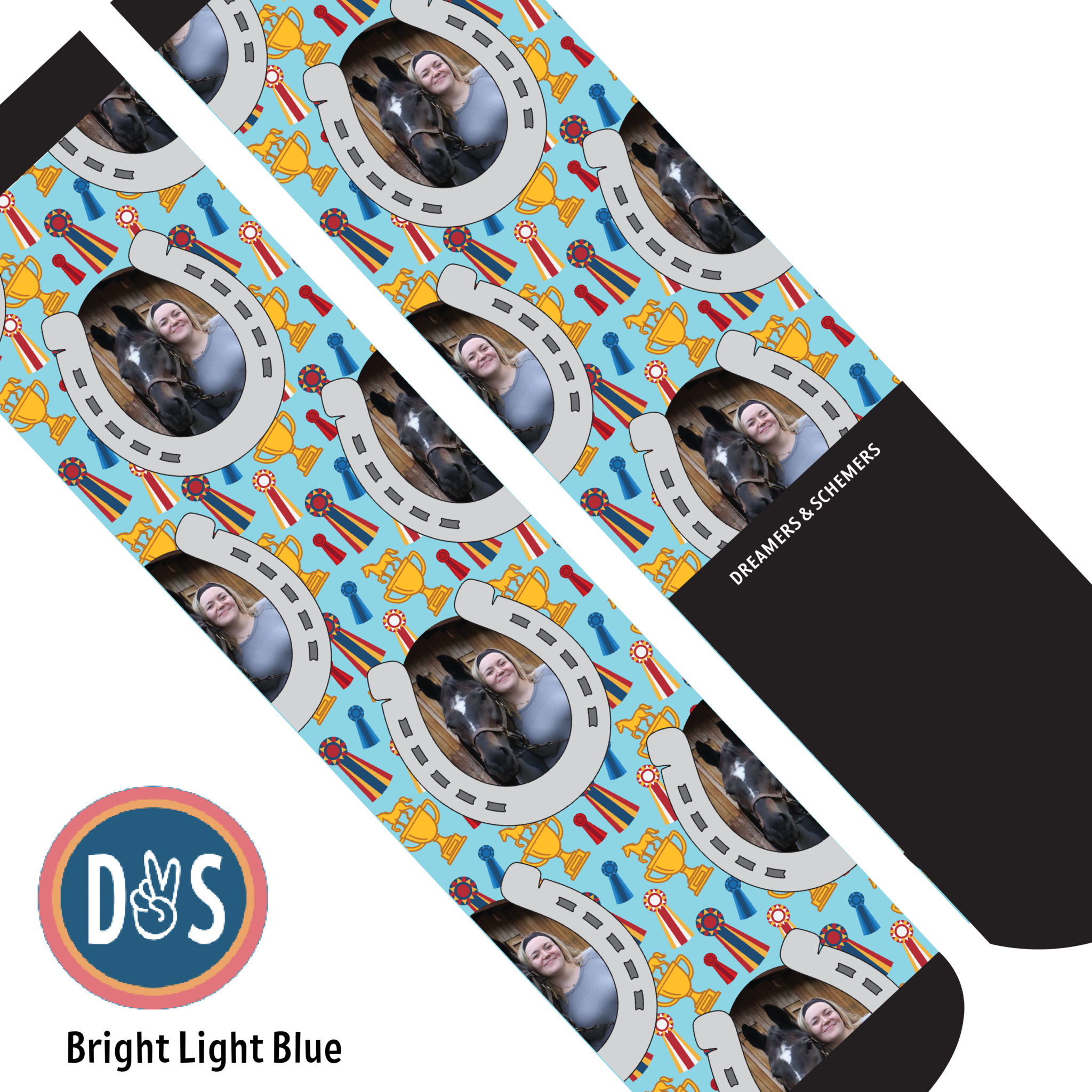 Custom boot socks featuring personalized horseshoes and winner winner design