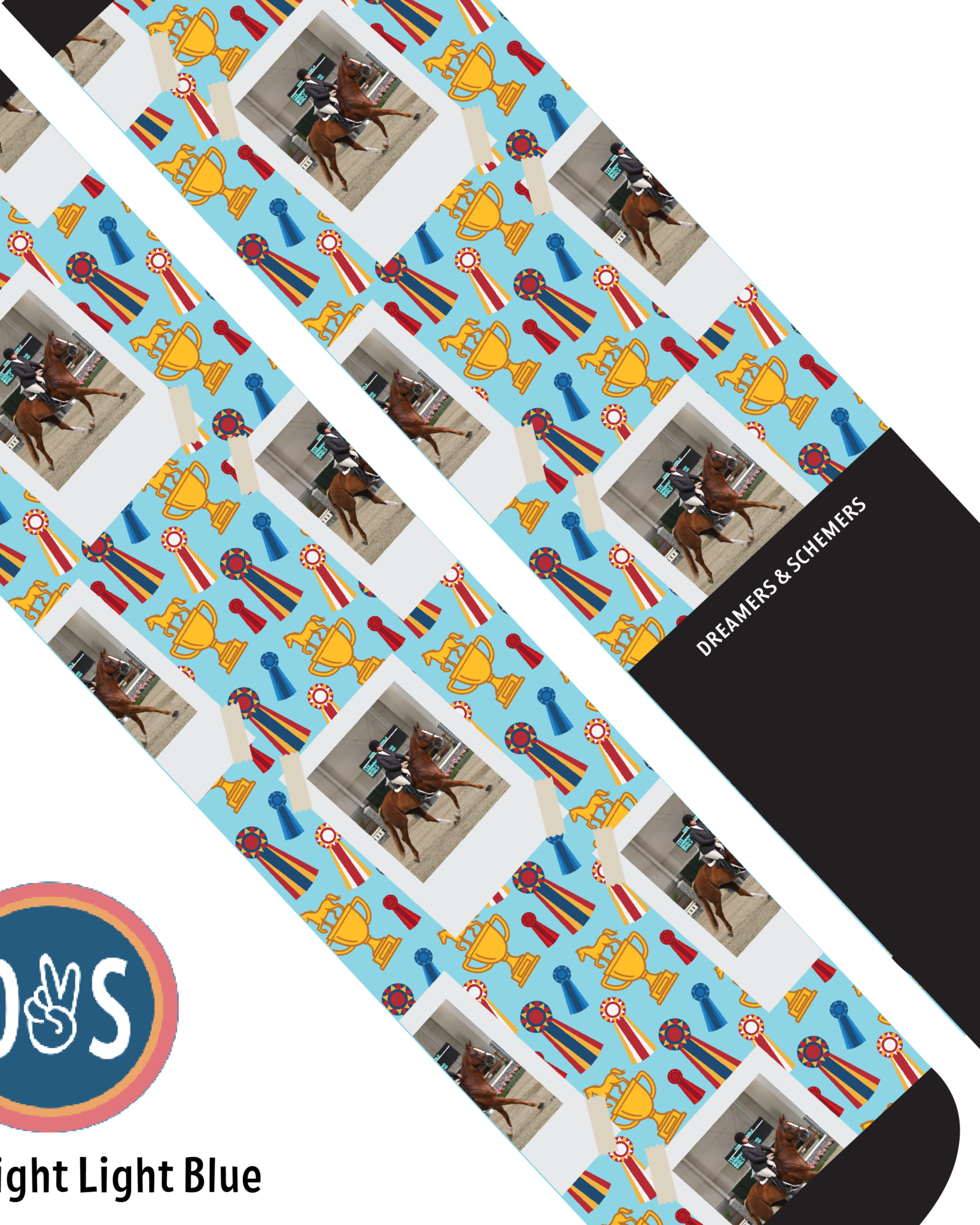 Custom boot socks with horse photo and trophy pattern in bright light blue by Dreamers & Schemers