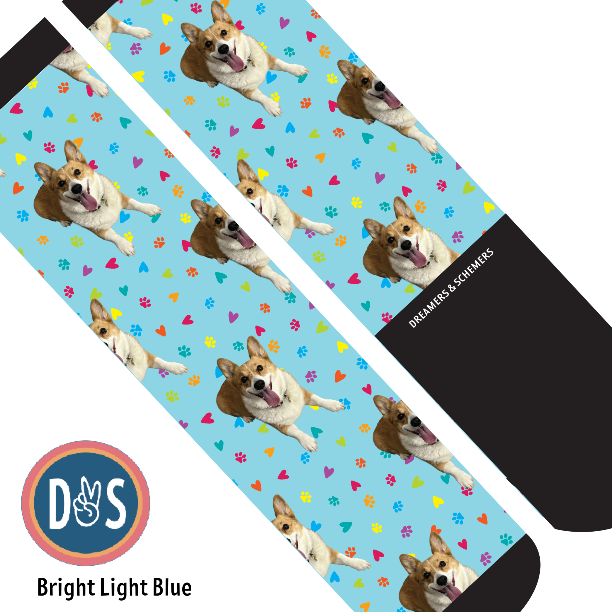 Bright light blue custom boot socks with repeated corgi dog and colorful heart and paw prints pattern