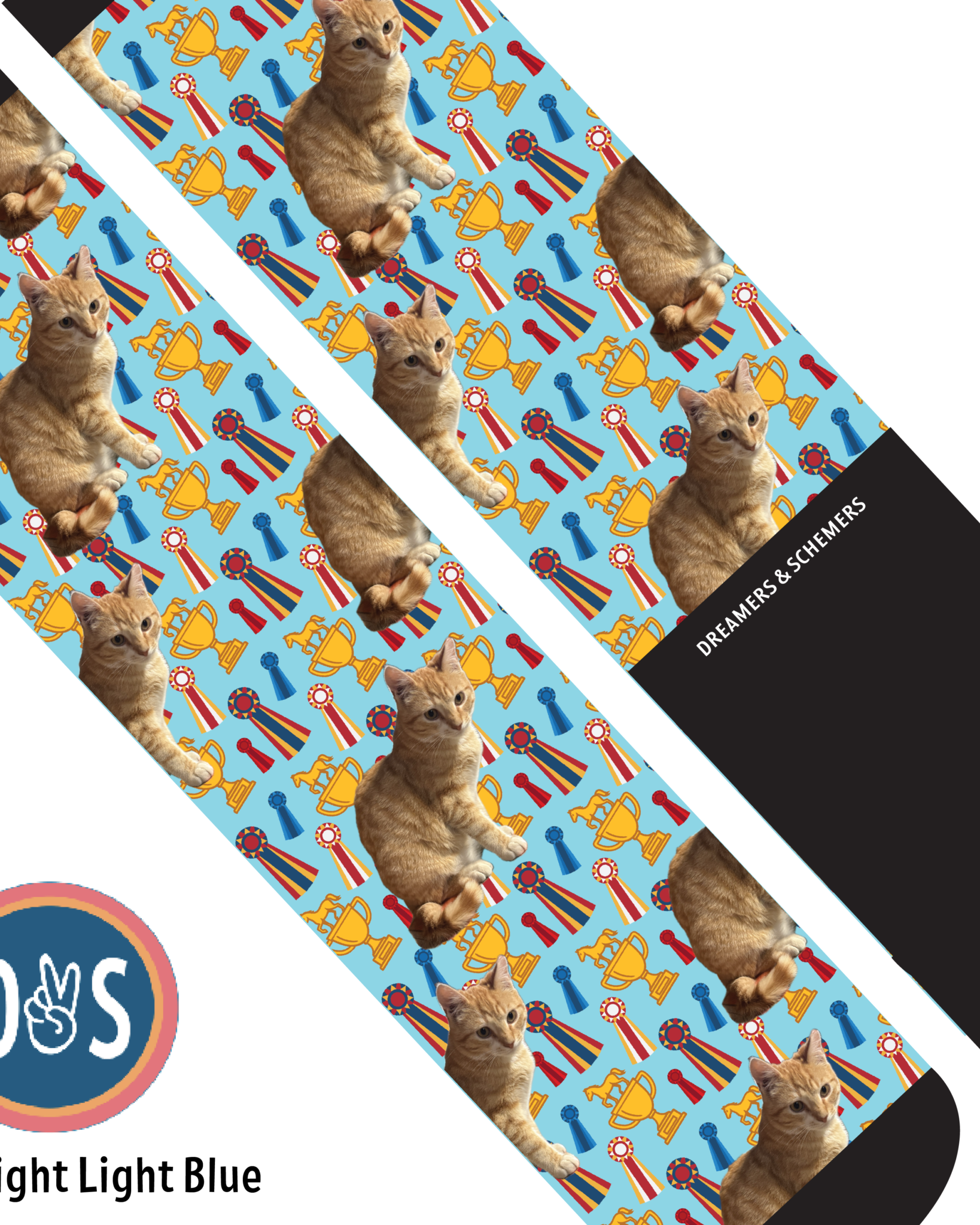 Bright light blue custom boot socks with cat and trophy pattern from Dreamers & Schemers