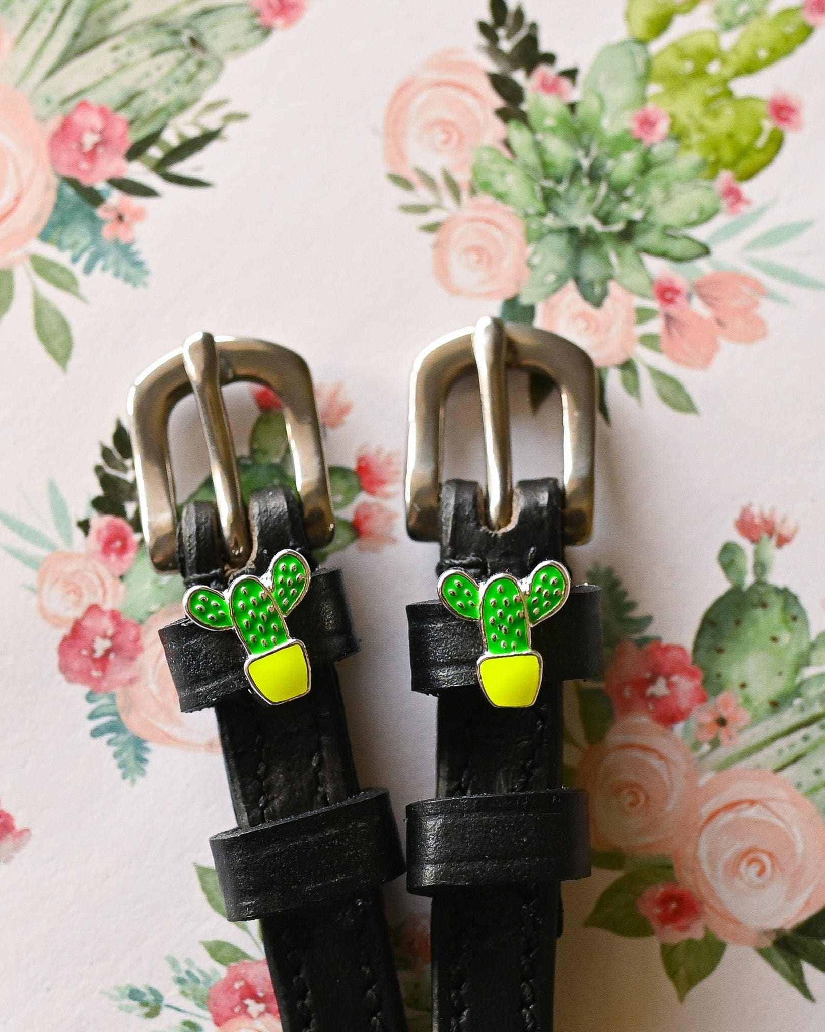 Cactus spur strap buckle ends against a watercolor floral and cactus background