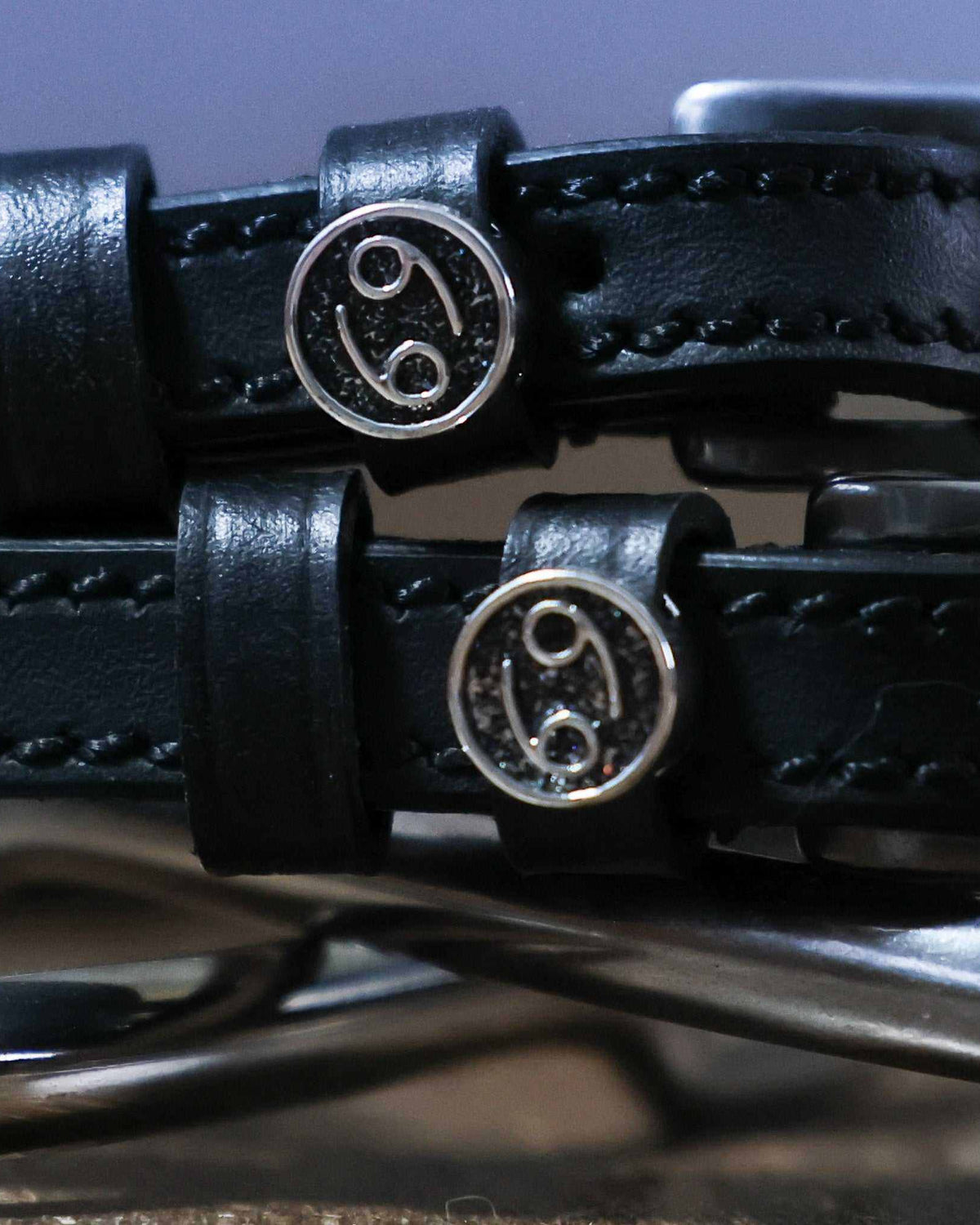 Close-up of round Cancer zodiac sign charms on black leather spur strap keepers