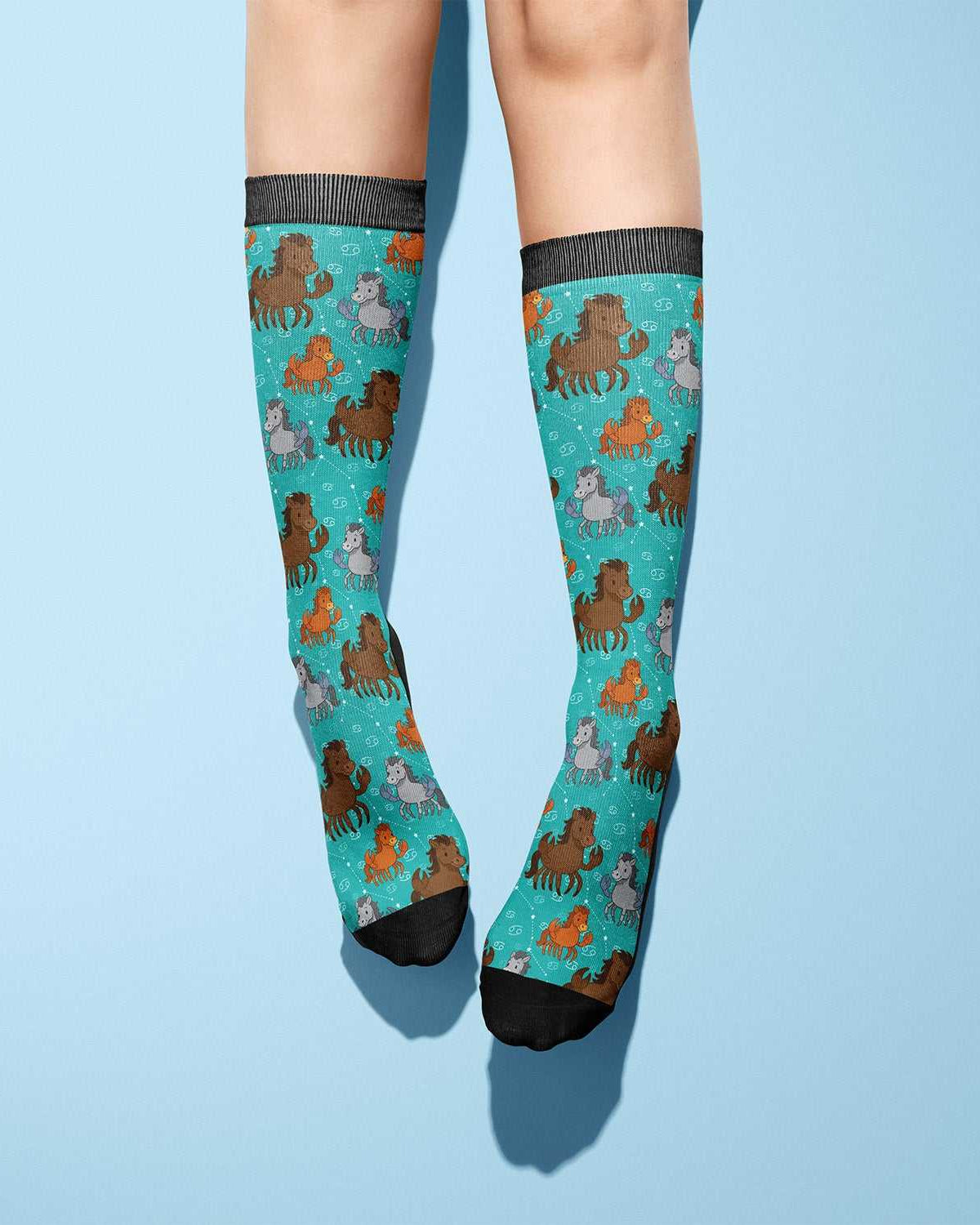 Limited edition Cancer zodiac boot socks with horse pattern on turquoise background, made in USA, one size fits most