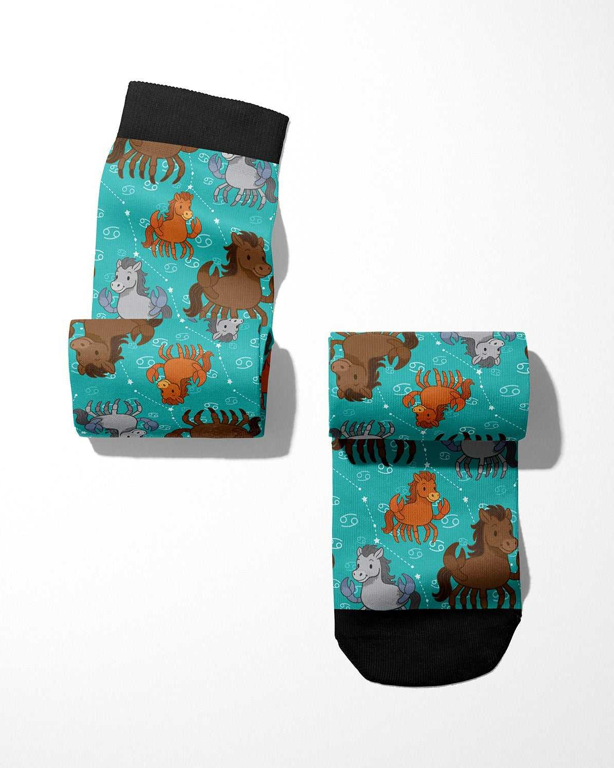 Limited edition Cancer zodiac boot socks with horse patterns in teal, black cuff and toe, made in USA