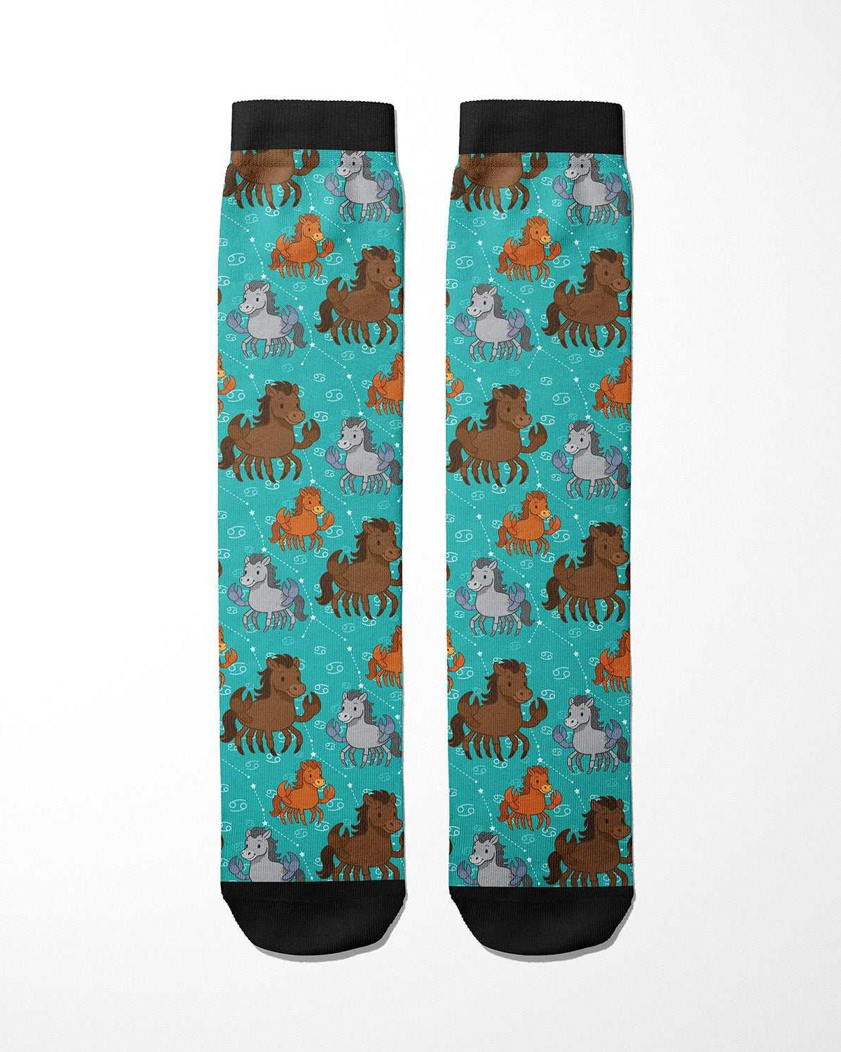 Limited edition Cancer zodiac boot socks with colorful horse pattern, made in USA, cotton blend