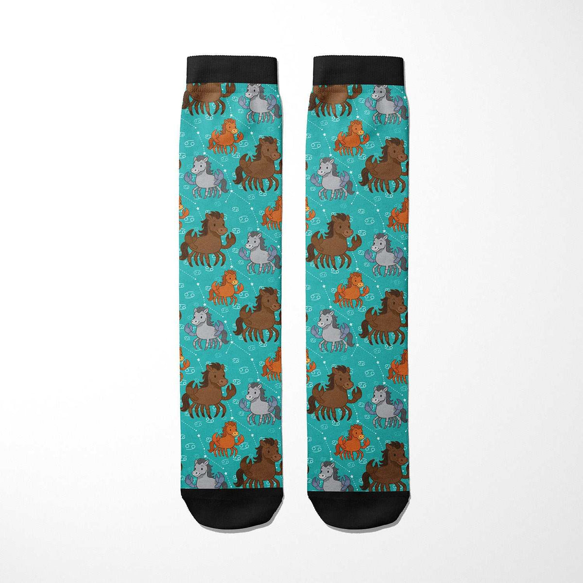 Limited edition Cancer zodiac boot socks with colorful horse pattern, made in USA, cotton blend