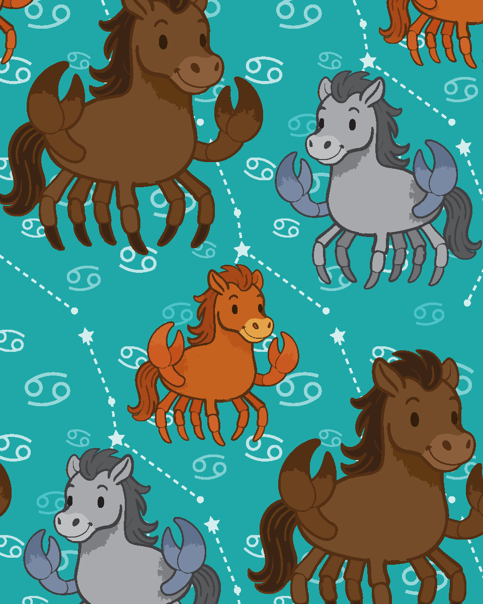 Cancer zodiac themed boot socks pattern with crab-horse hybrid illustrations on teal background