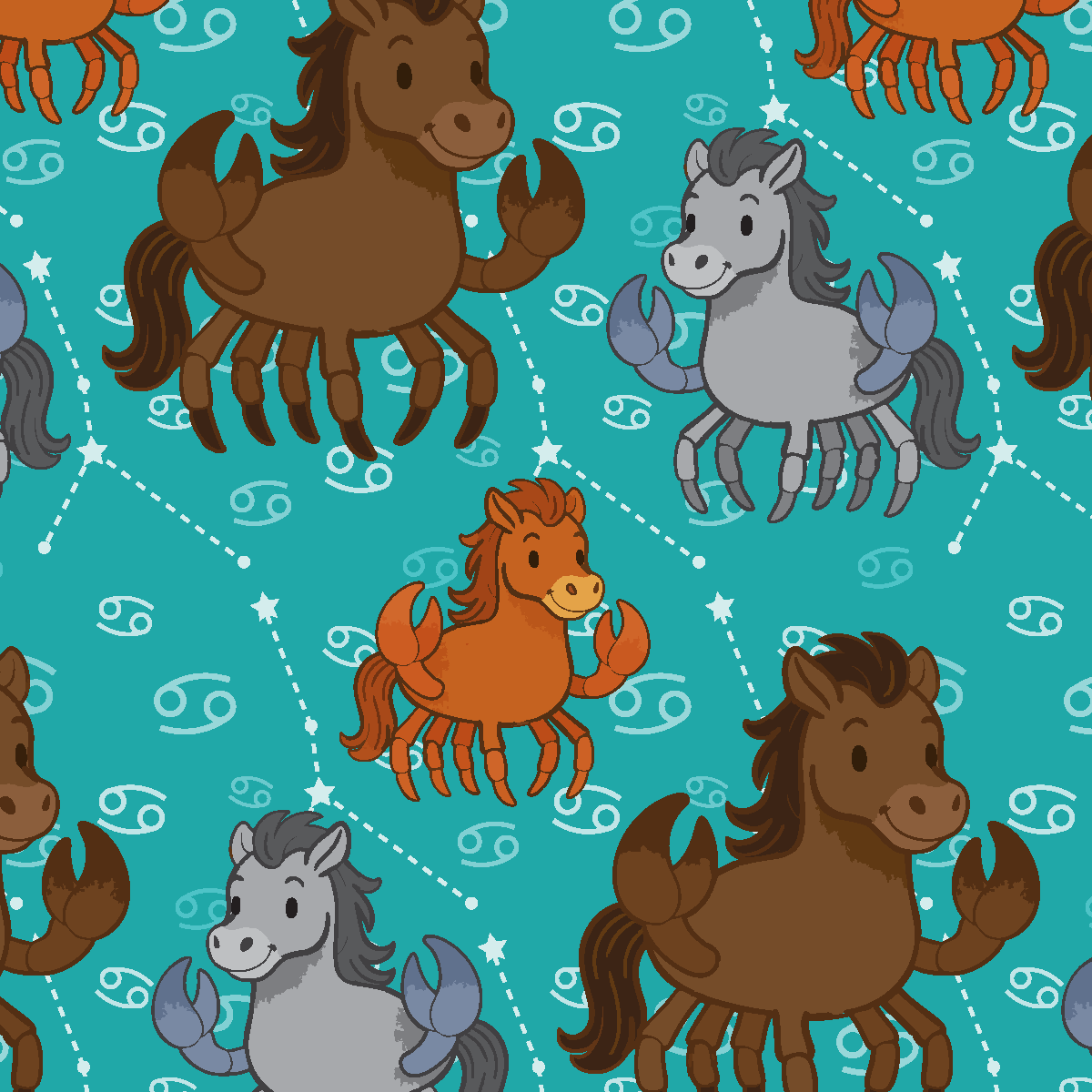Cancer zodiac themed boot socks pattern with crab-horse hybrid illustrations on teal background
