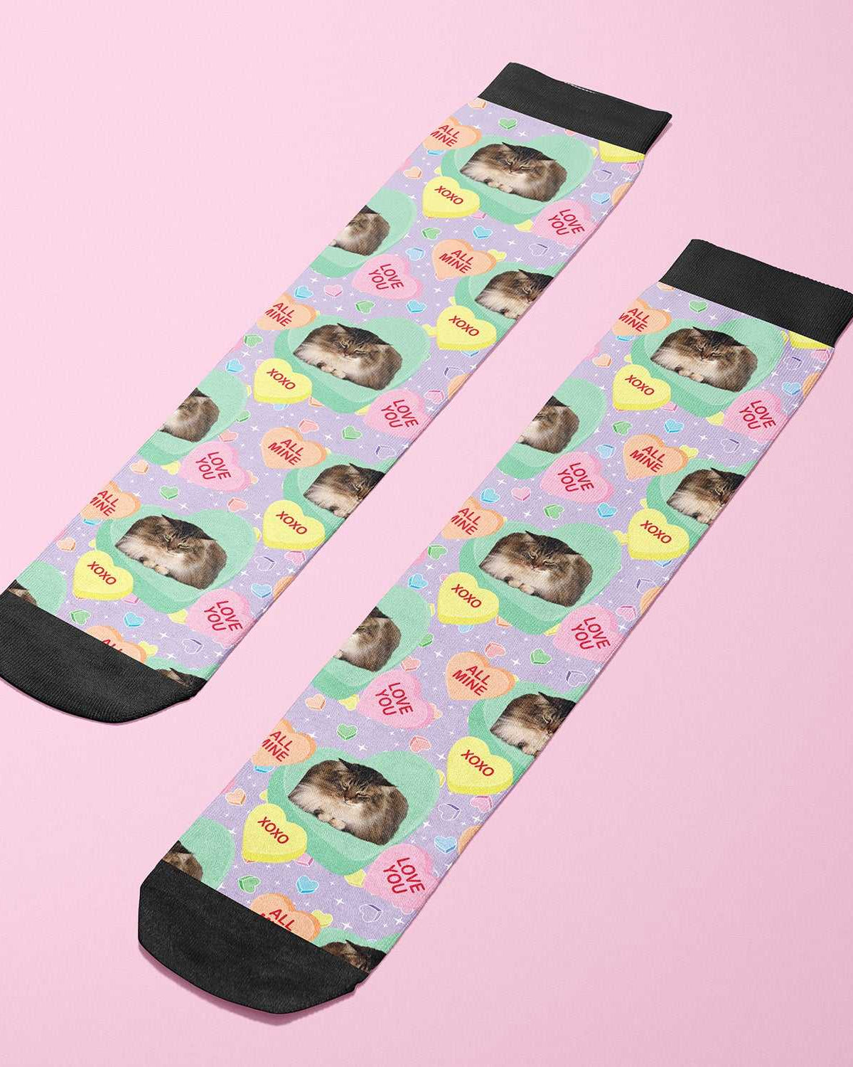 Custom candy hearts boot socks with personalized photo and vibrant pastel design
