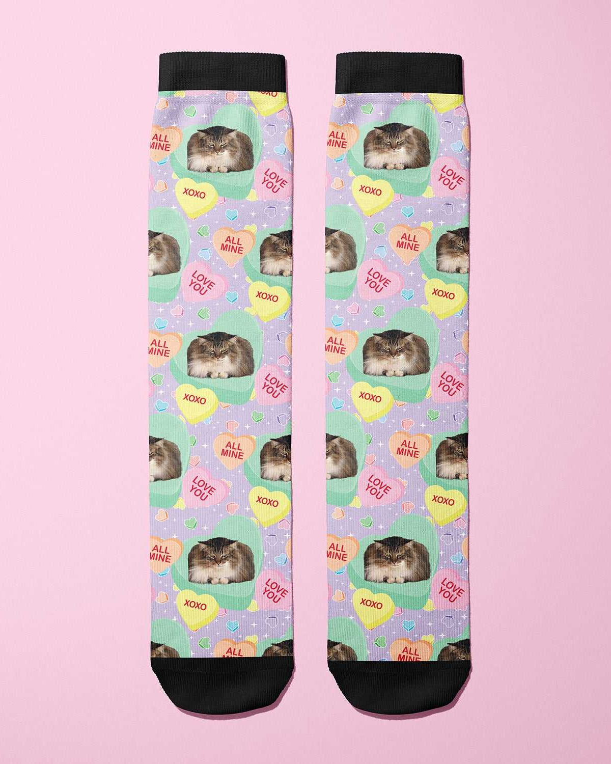 custom boot socks with candy hearts and personalized pet photo design on pastel background