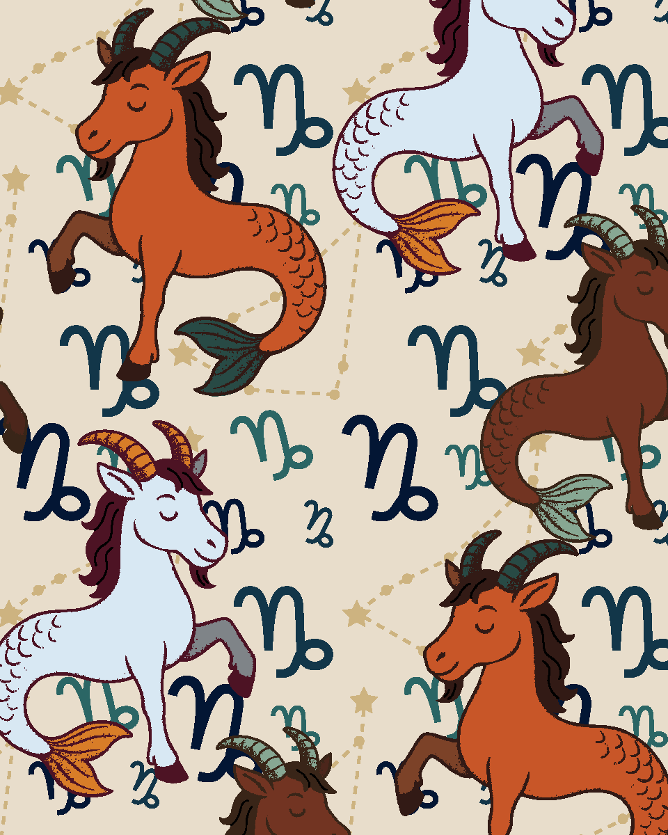 Capricorn zodiac themed boot socks pattern with sea-goats and astrological symbols in brown, orange, and white colors