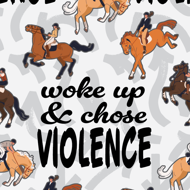 Woke Up Chose Violence Socks with horse riding design and bold text pattern