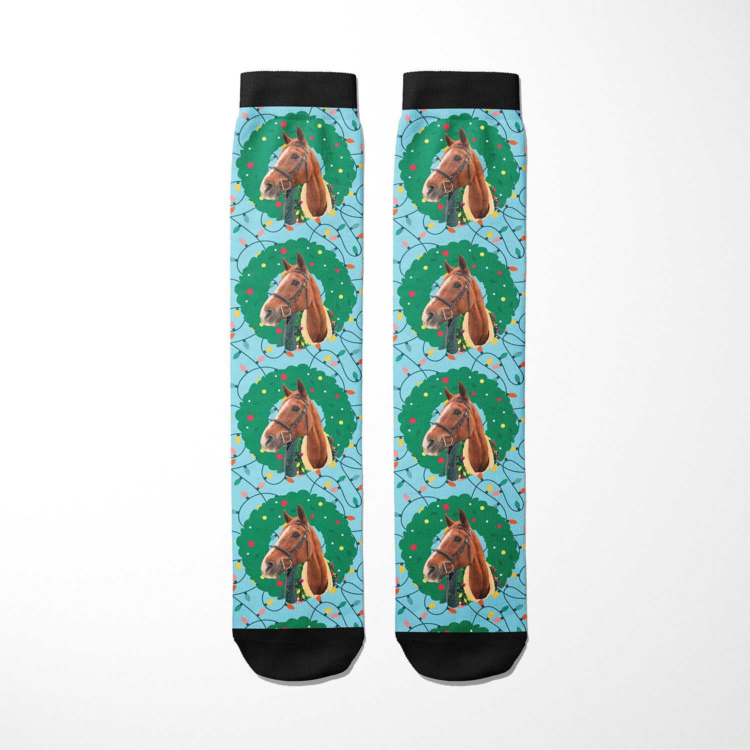 custom socks with horse and holiday lights design on blue background