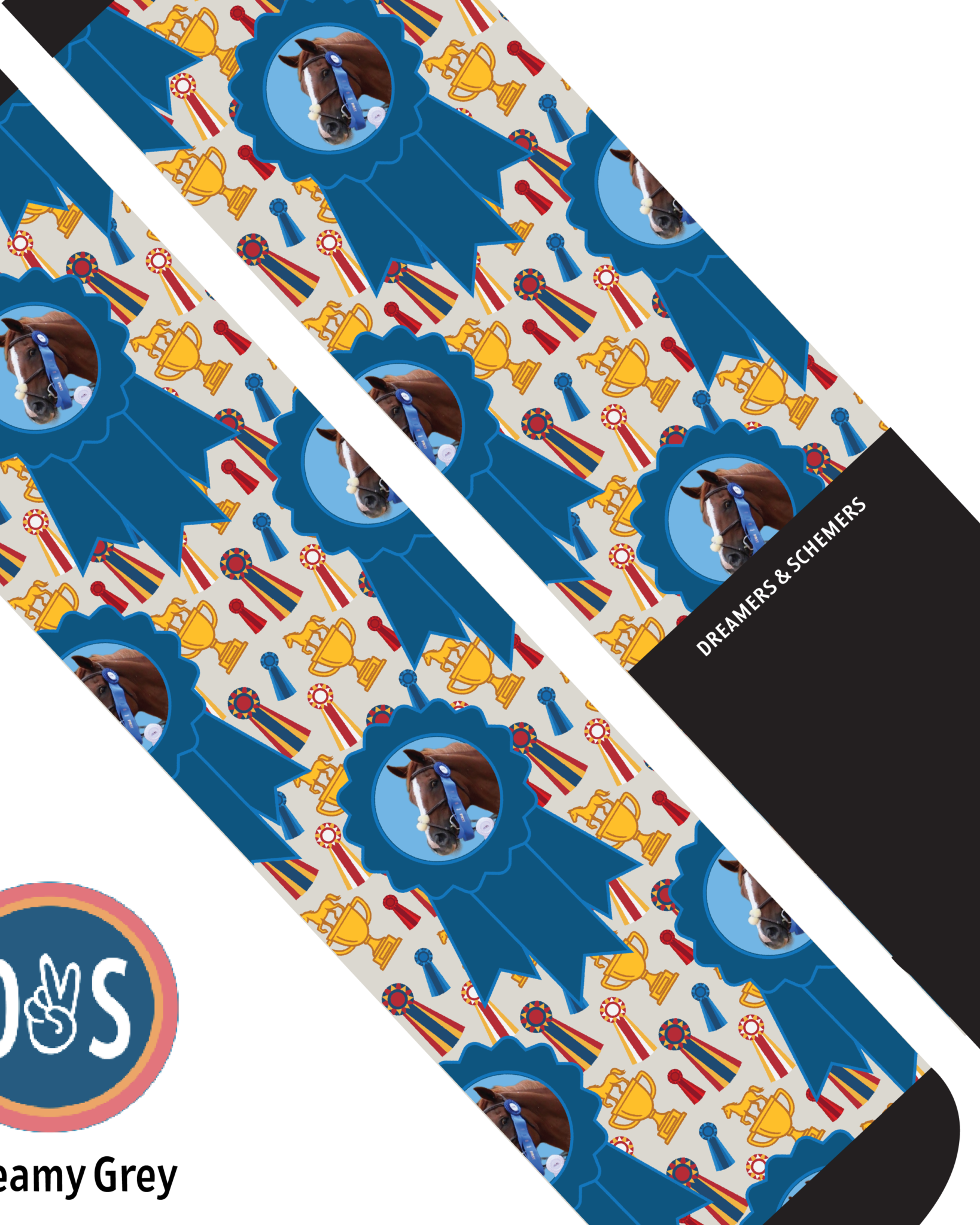 Custom blue ribbon winner boot socks with personalized photo and design