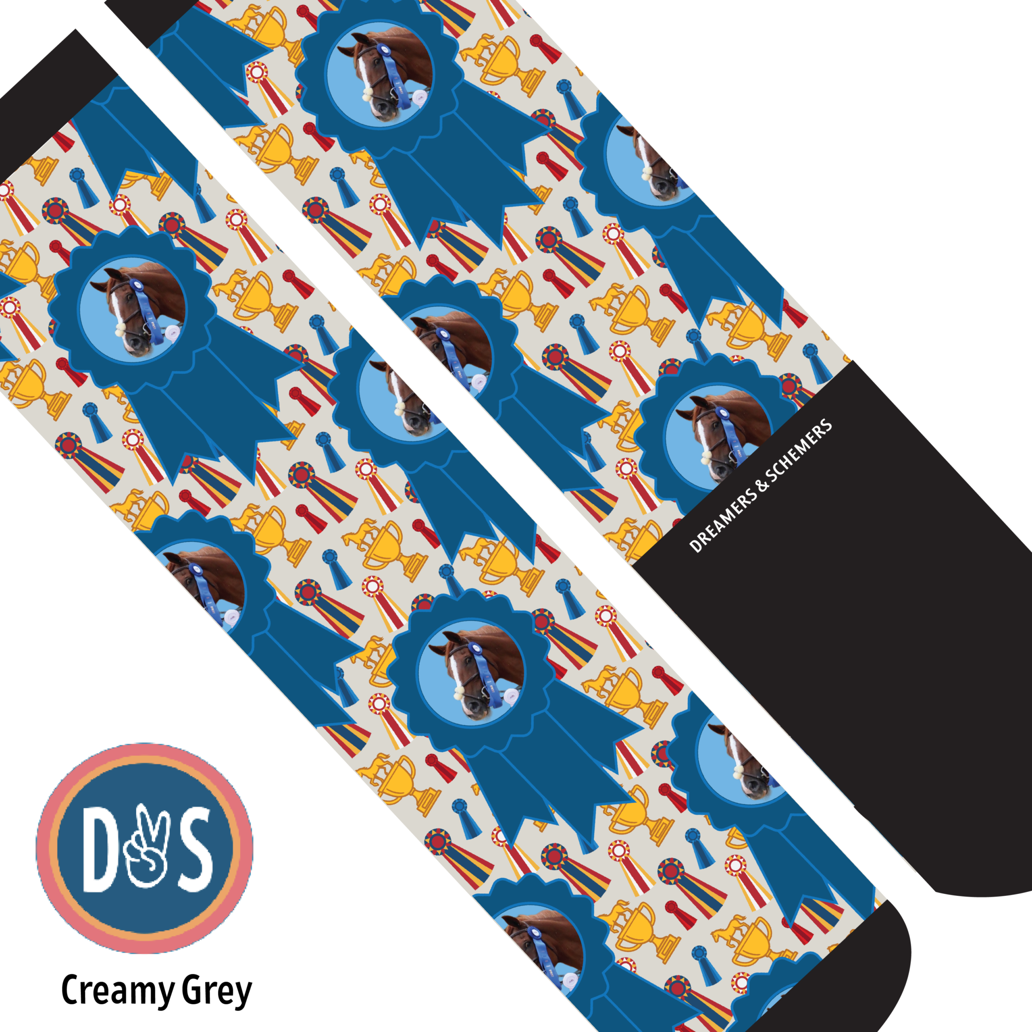 Custom blue ribbon winner boot socks with personalized photo and design
