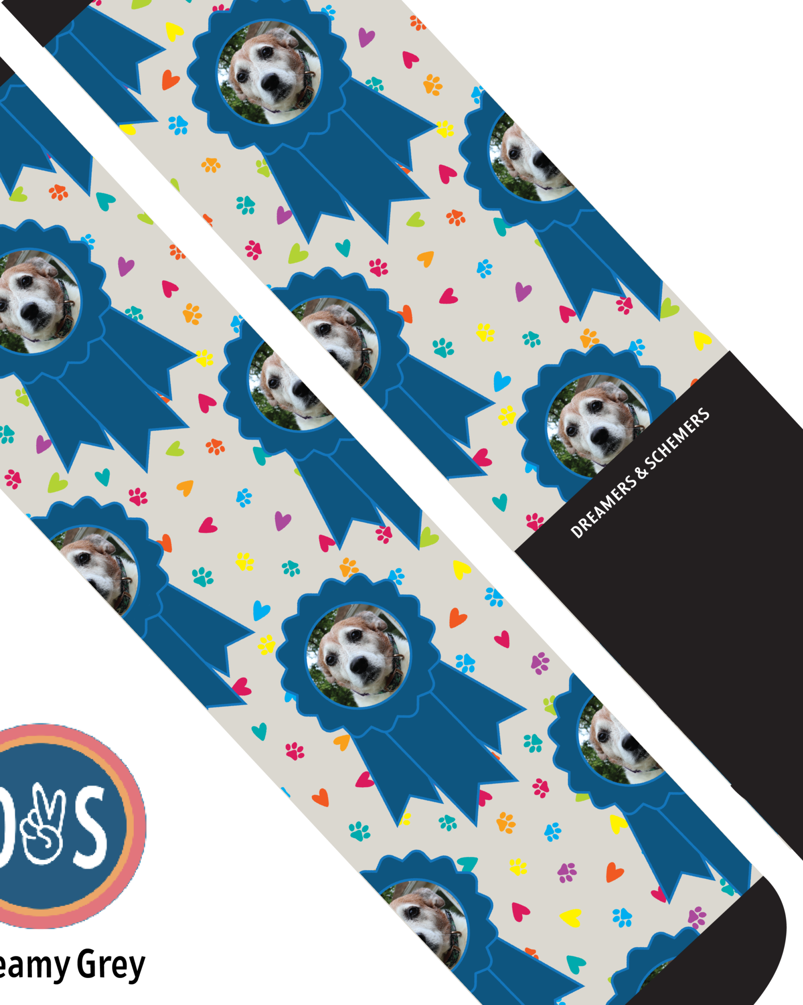 Custom blue ribbon and paw print boot socks with personalized photo design