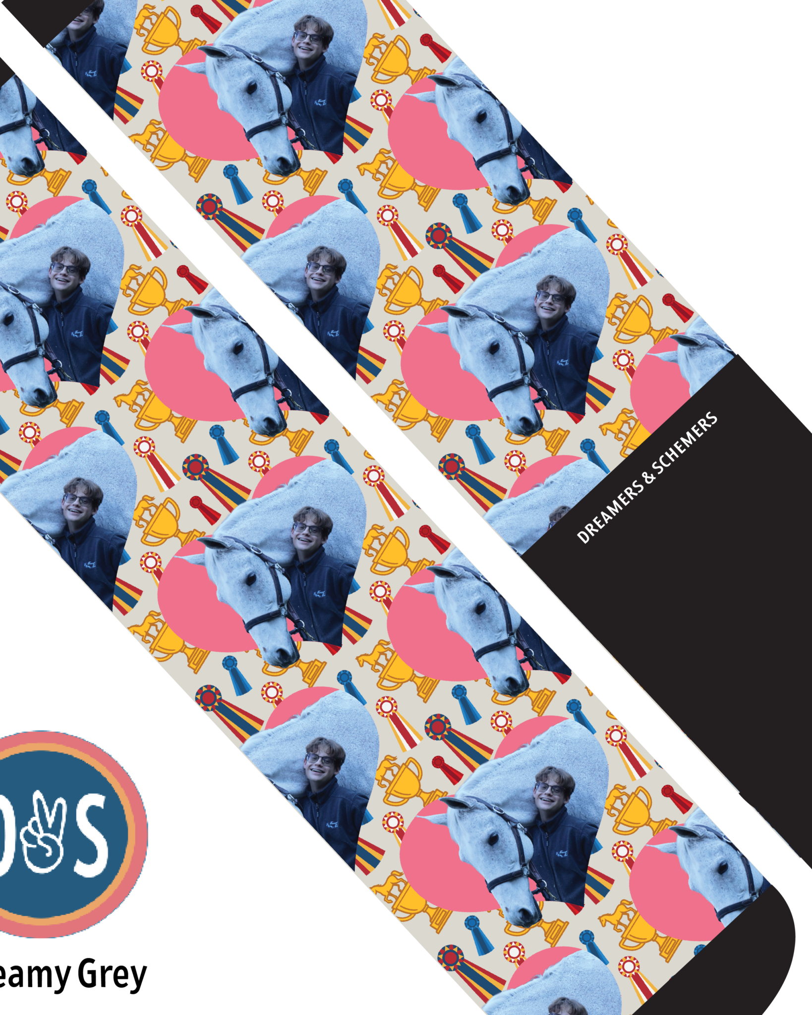 Custom socks featuring hearts and personalized photo design on Dreamers & Schemers boot socks