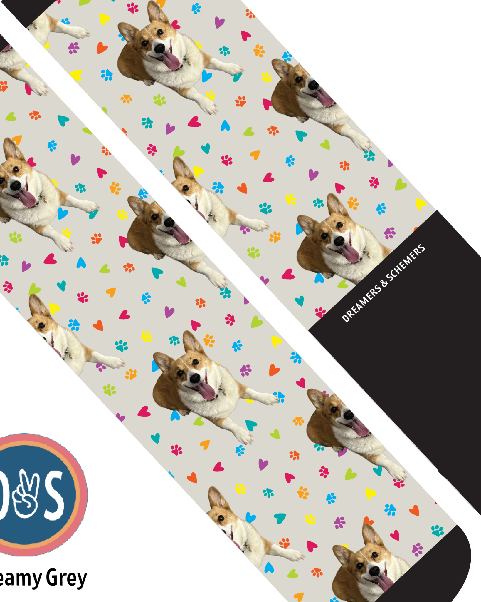 Custom boot socks with dog and colorful paw prints pattern on creamy grey background