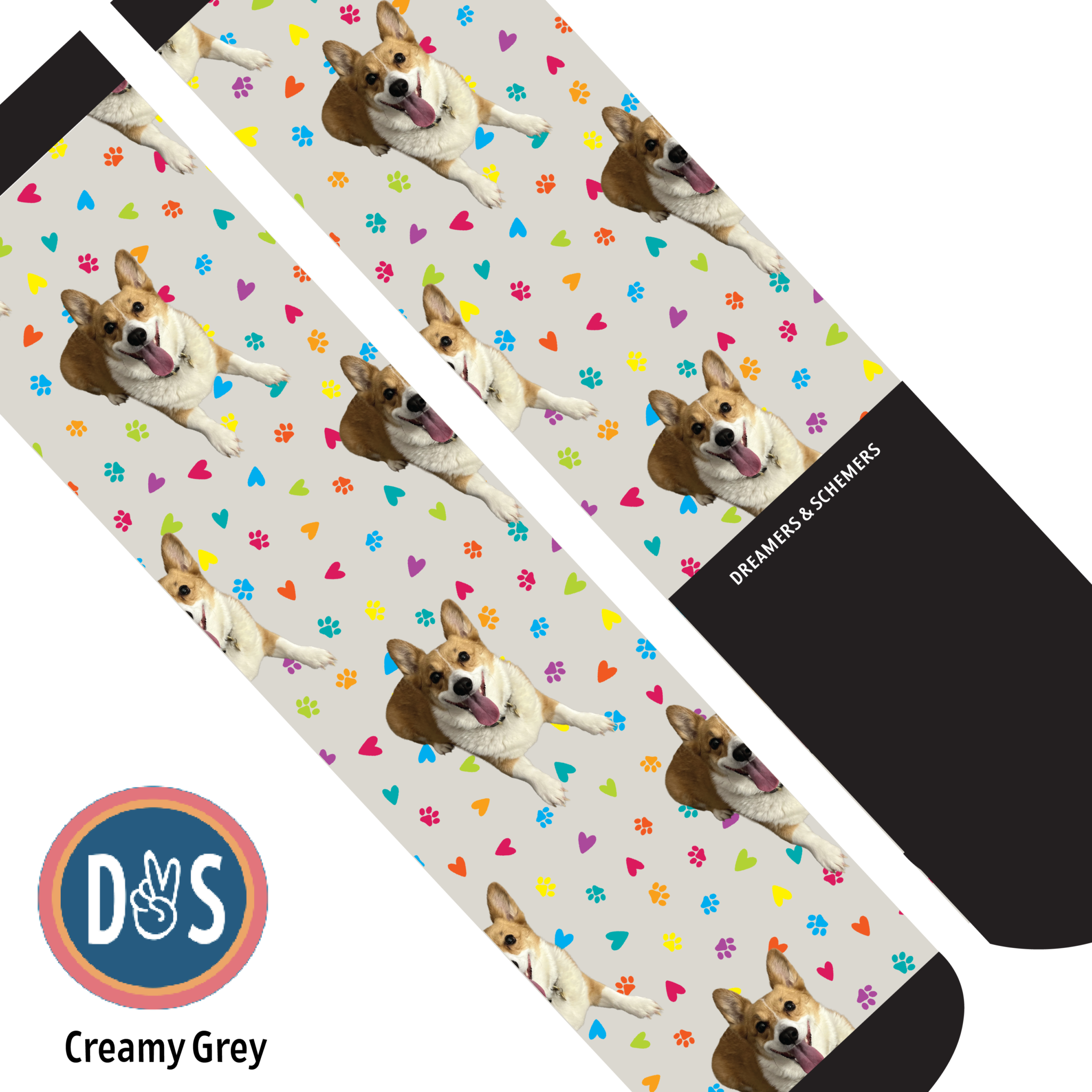 Custom boot socks with dog and colorful paw prints pattern on creamy grey background