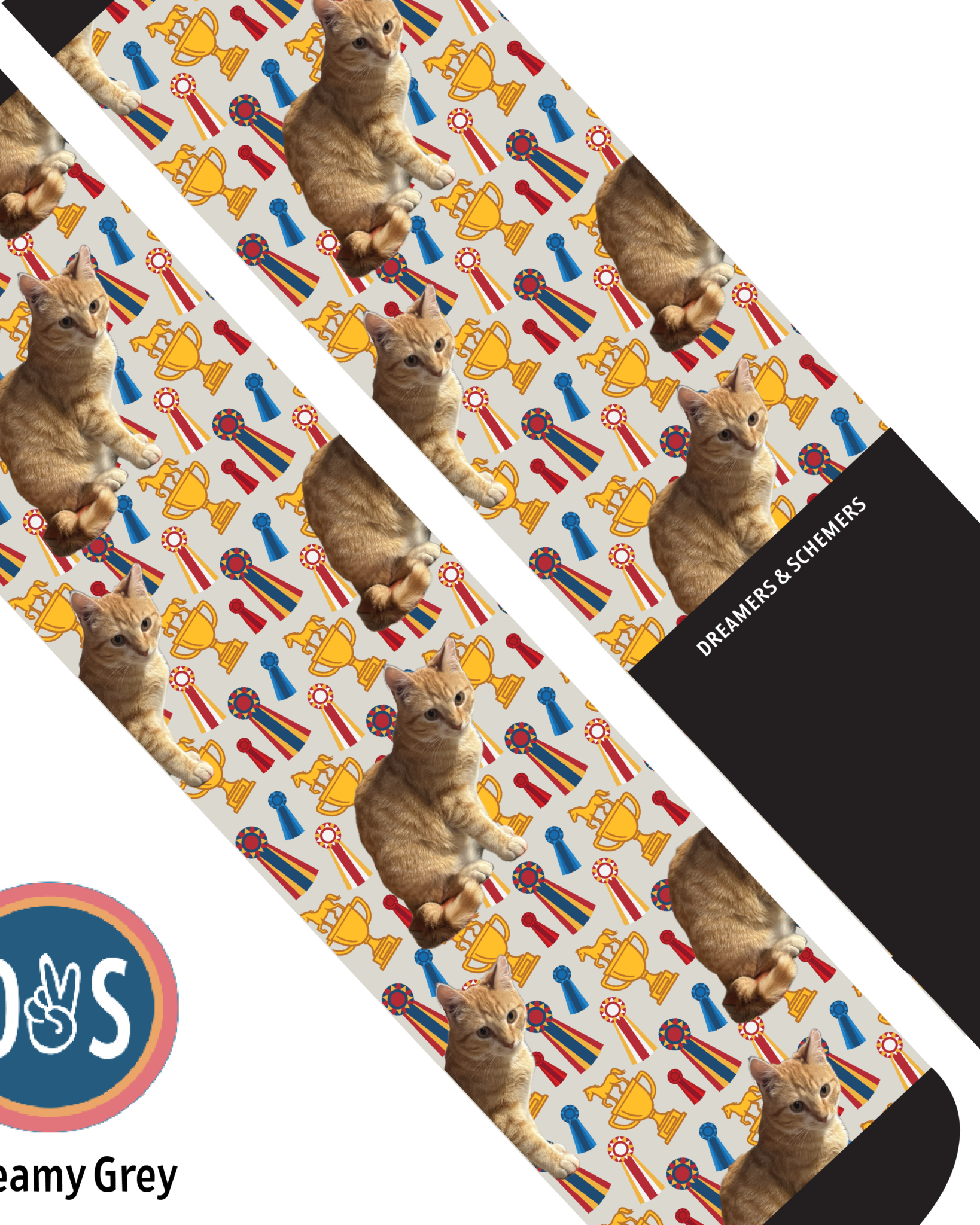 Custom boot socks featuring repeated cat images with trophy and ribbon pattern cream grey background