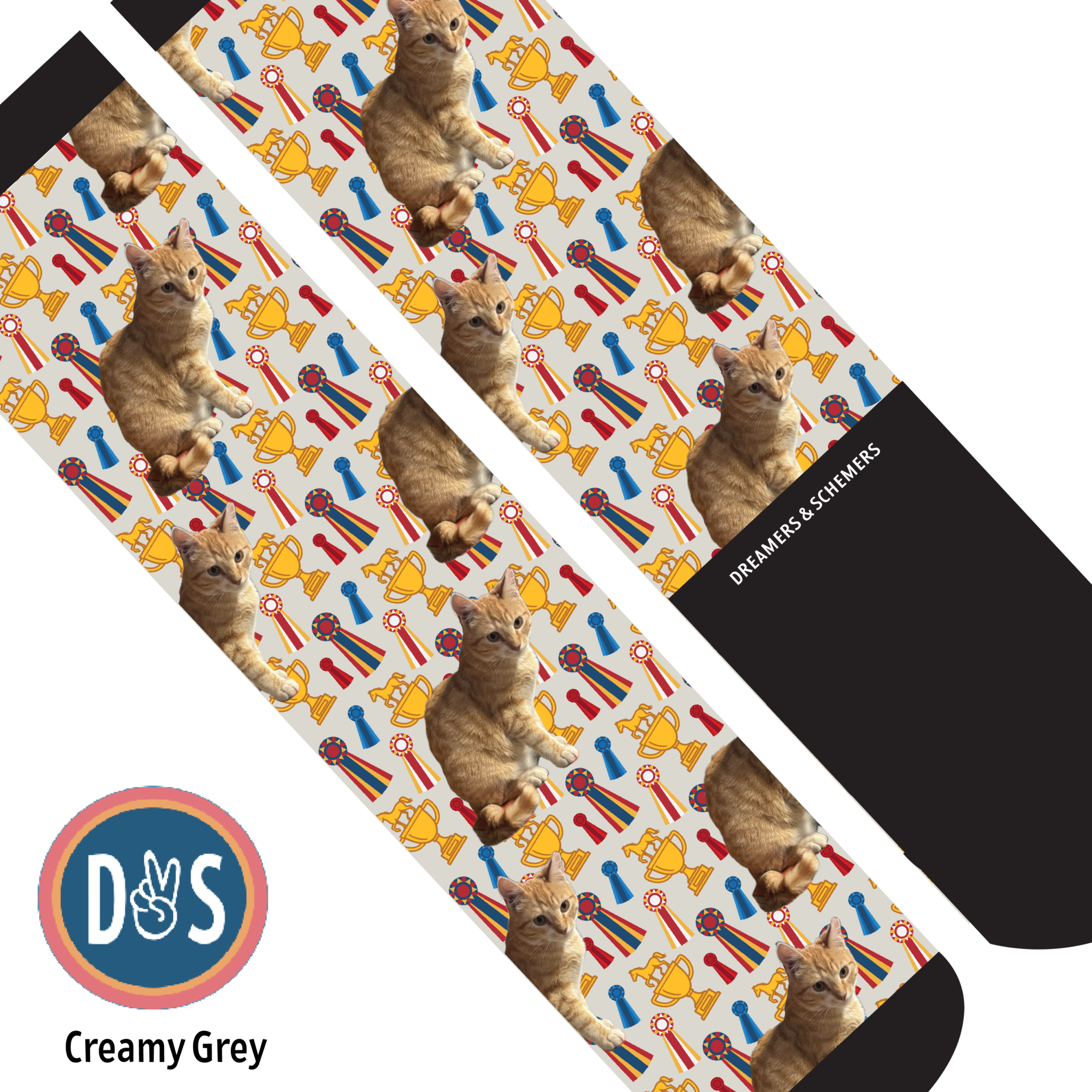 Custom boot socks featuring repeated cat images with trophy and ribbon pattern cream grey background