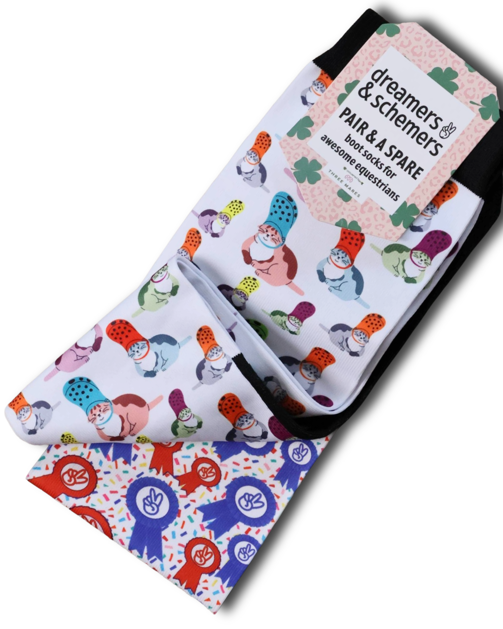 Croc Cat Pair & a Spare equestrian boot socks featuring crocodile cat mashup, alternate angle, by Dreamers & Schemers