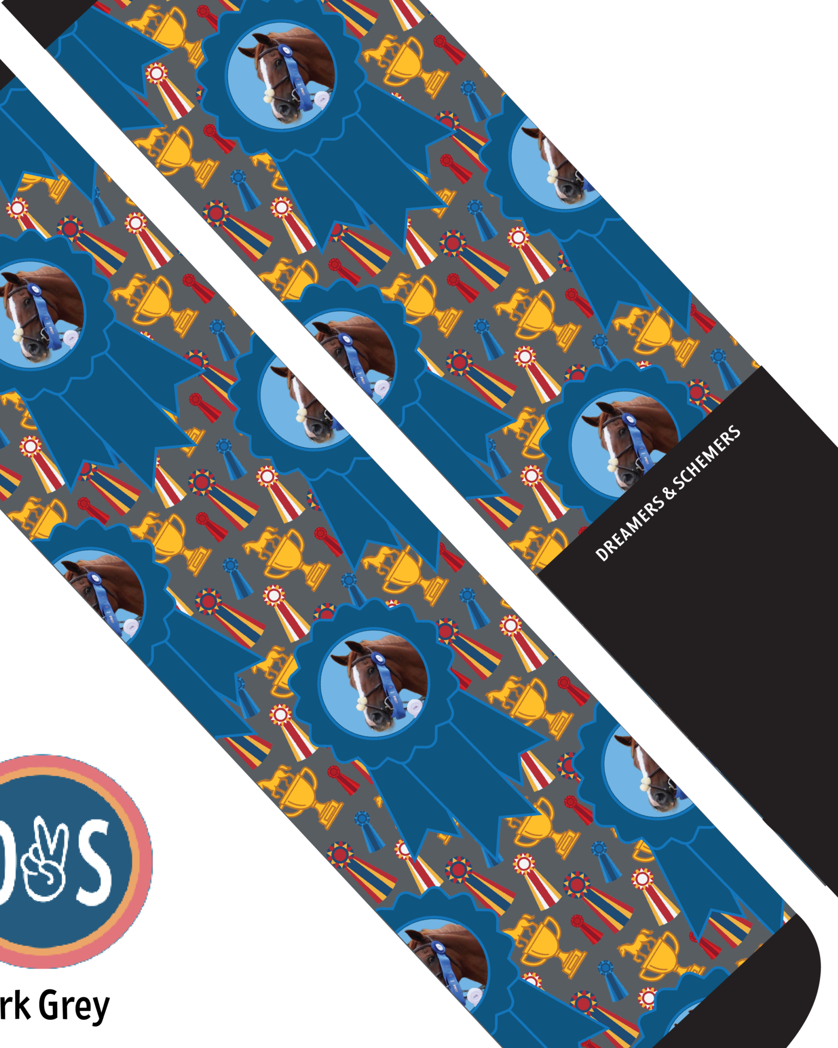 Custom blue ribbon winner boot socks with personalized photo and pattern design