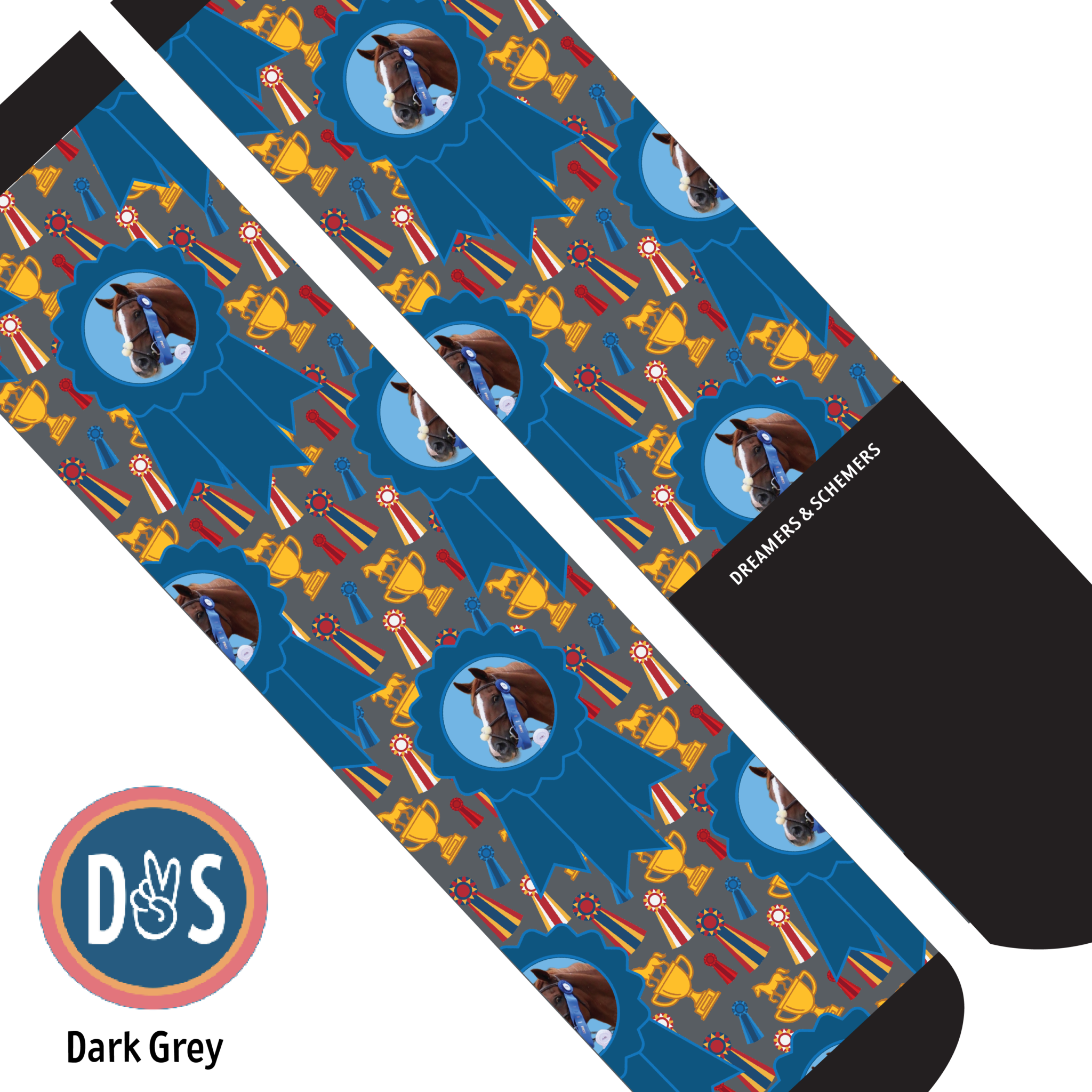 Custom blue ribbon winner boot socks with personalized photo and pattern design