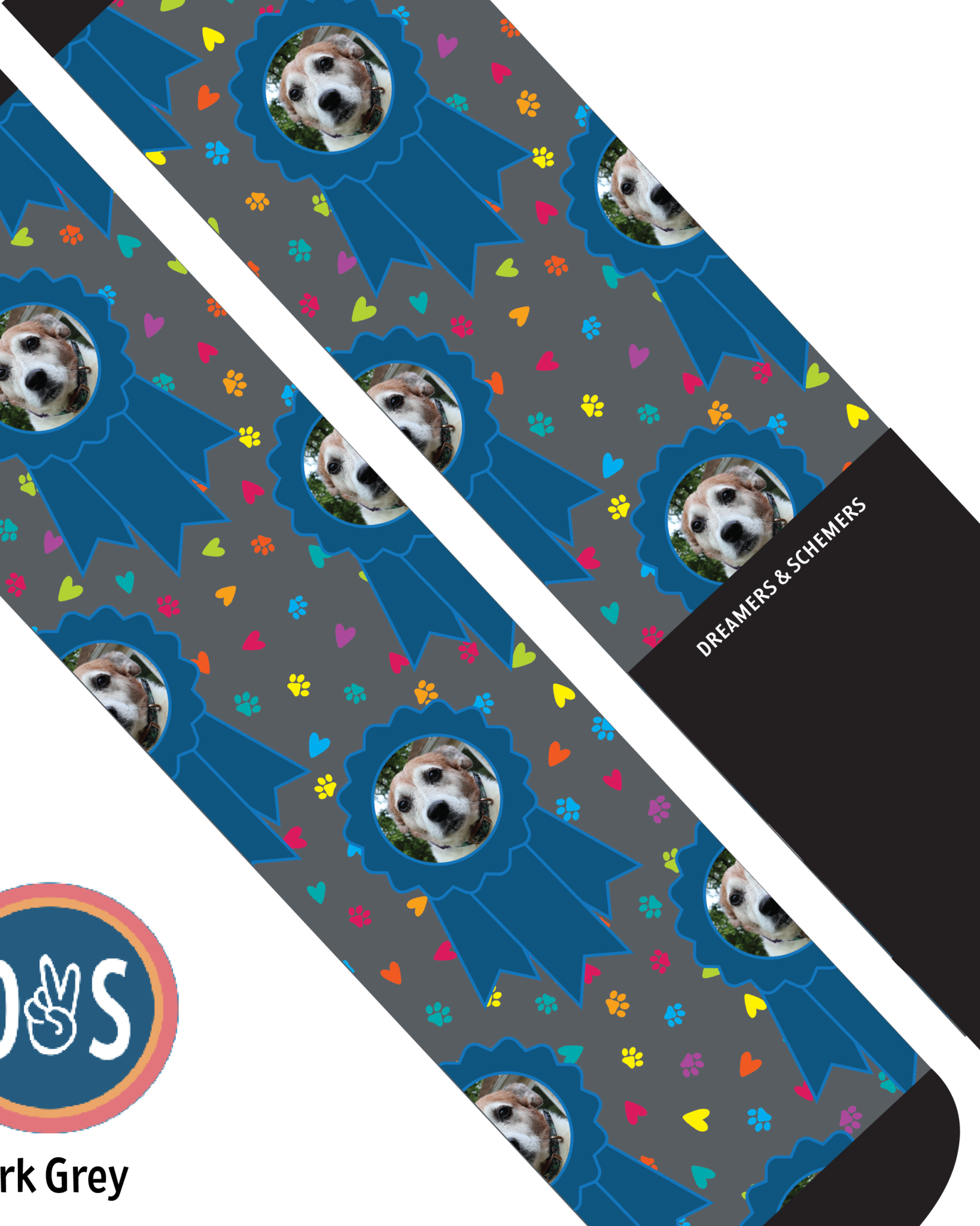 Custom blue ribbon and paw print boot socks with personalized photo design