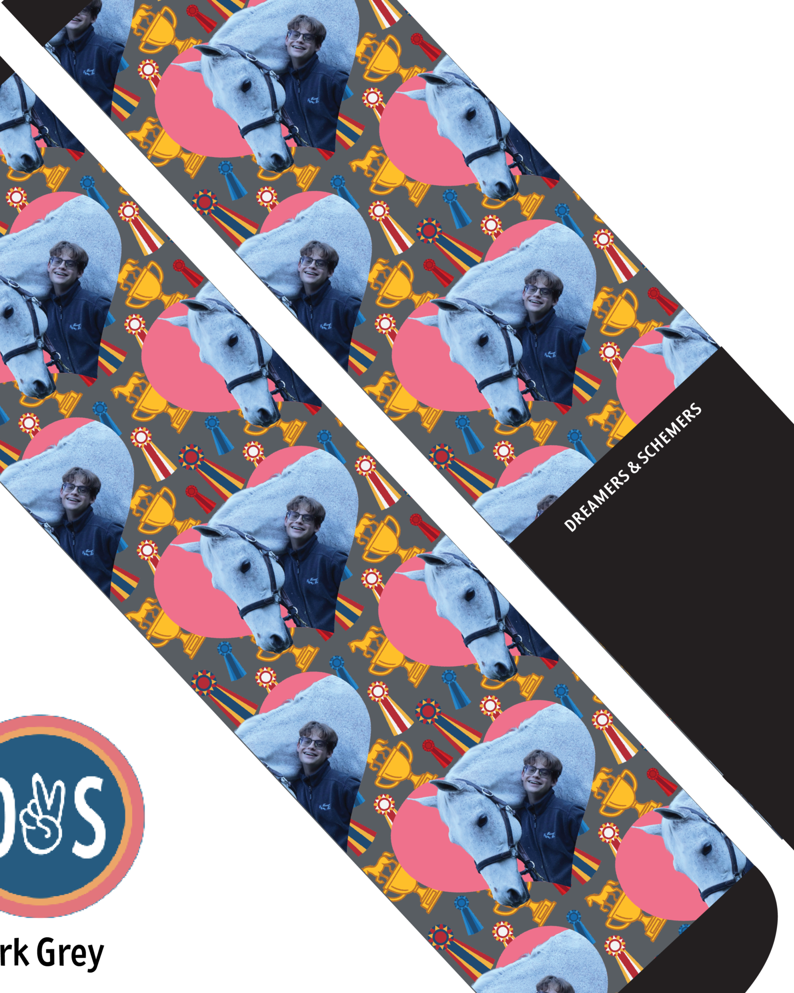 Custom socks featuring personalized photo and heart pattern on Dreamers & Schemers Boot Socks