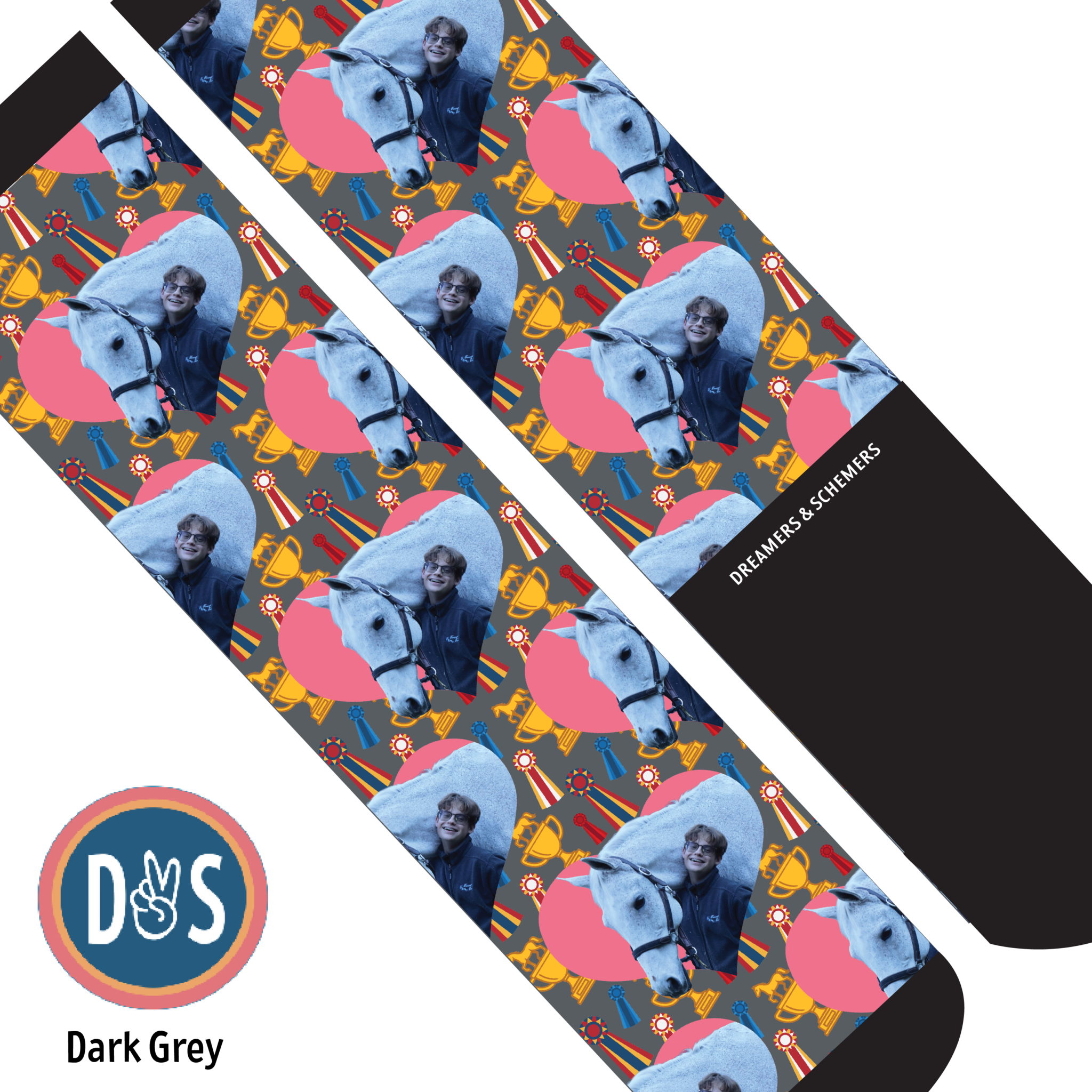 Custom socks featuring personalized photo and heart pattern on Dreamers & Schemers Boot Socks
