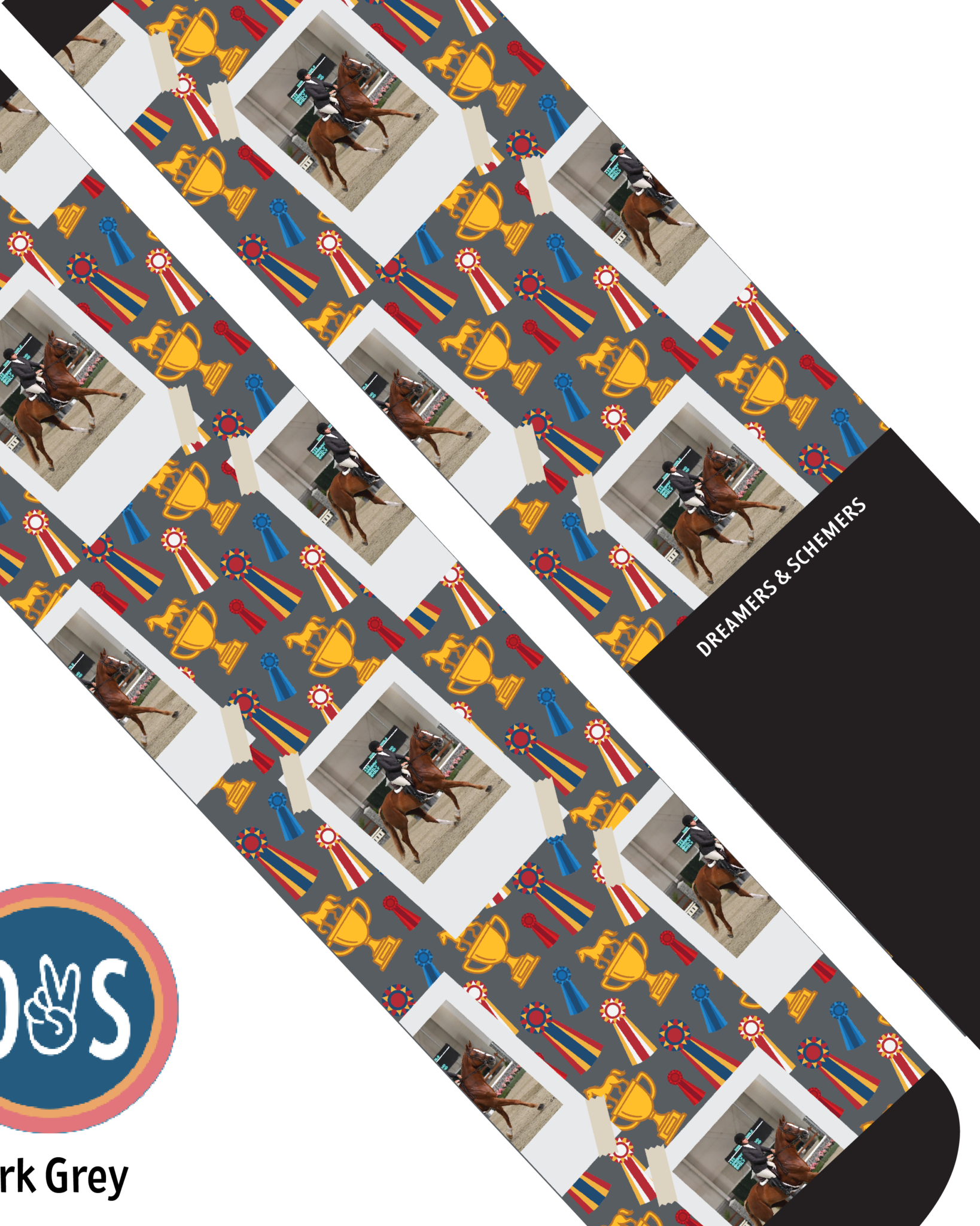 Custom boot socks featuring horse and trophy pattern with personalized photo design