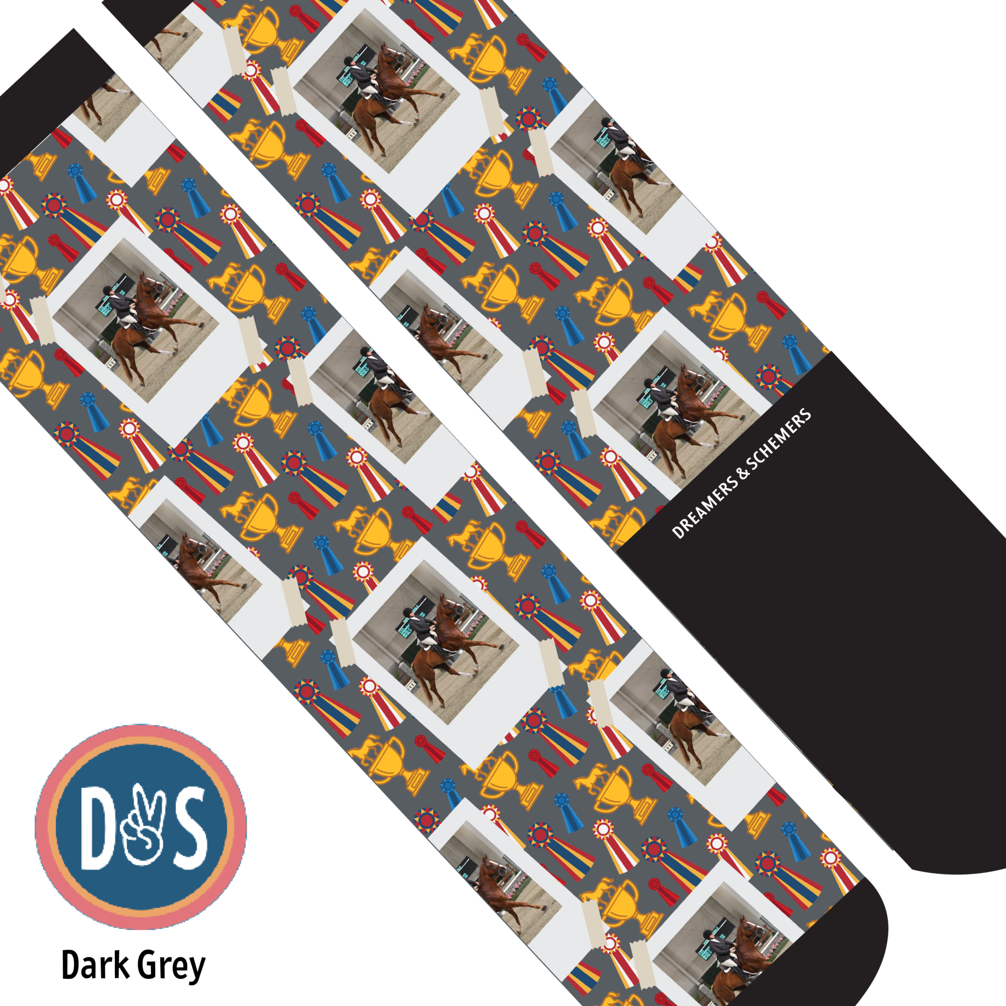 Custom boot socks featuring horse and trophy pattern with personalized photo design