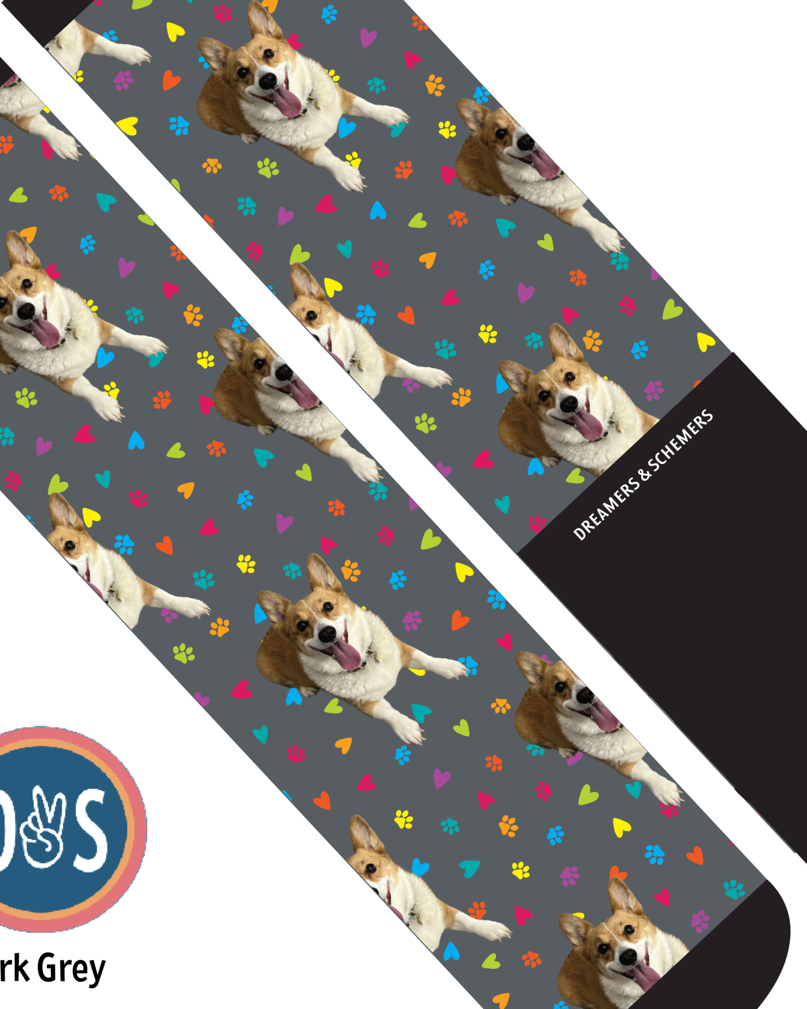 Custom boot socks with dog photo and colorful paw prints on dark grey background
