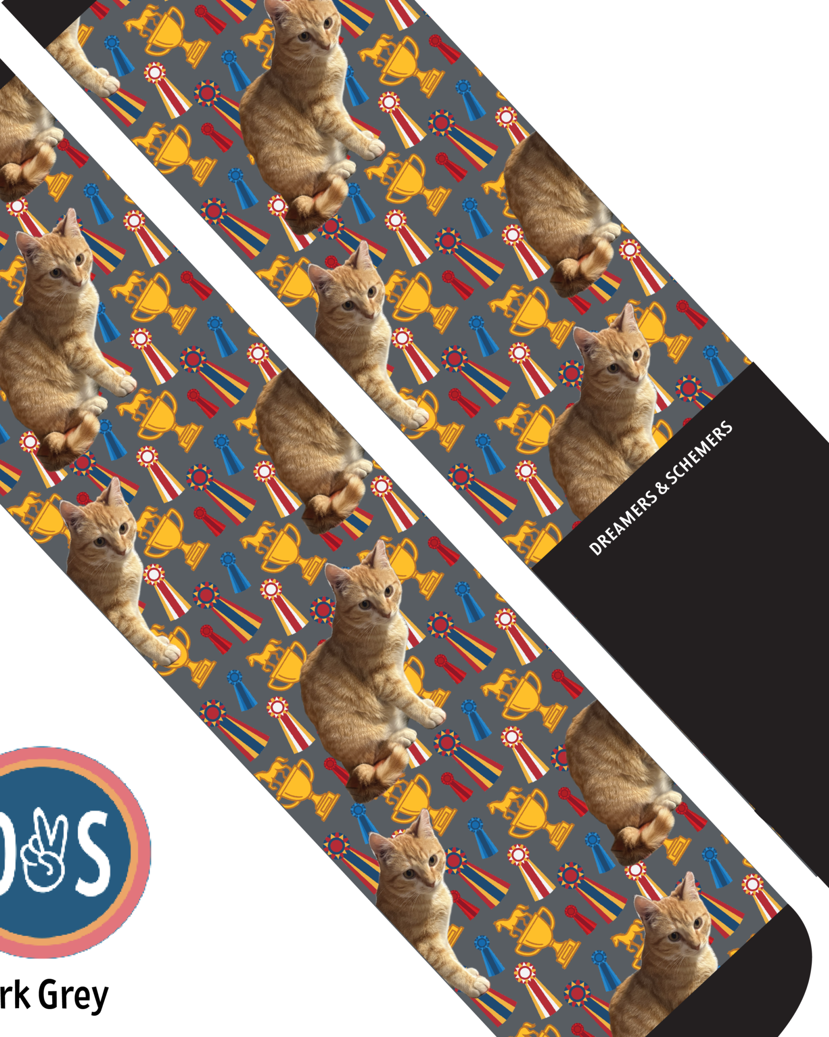 Custom boot socks with a cat and trophy pattern on dark grey background